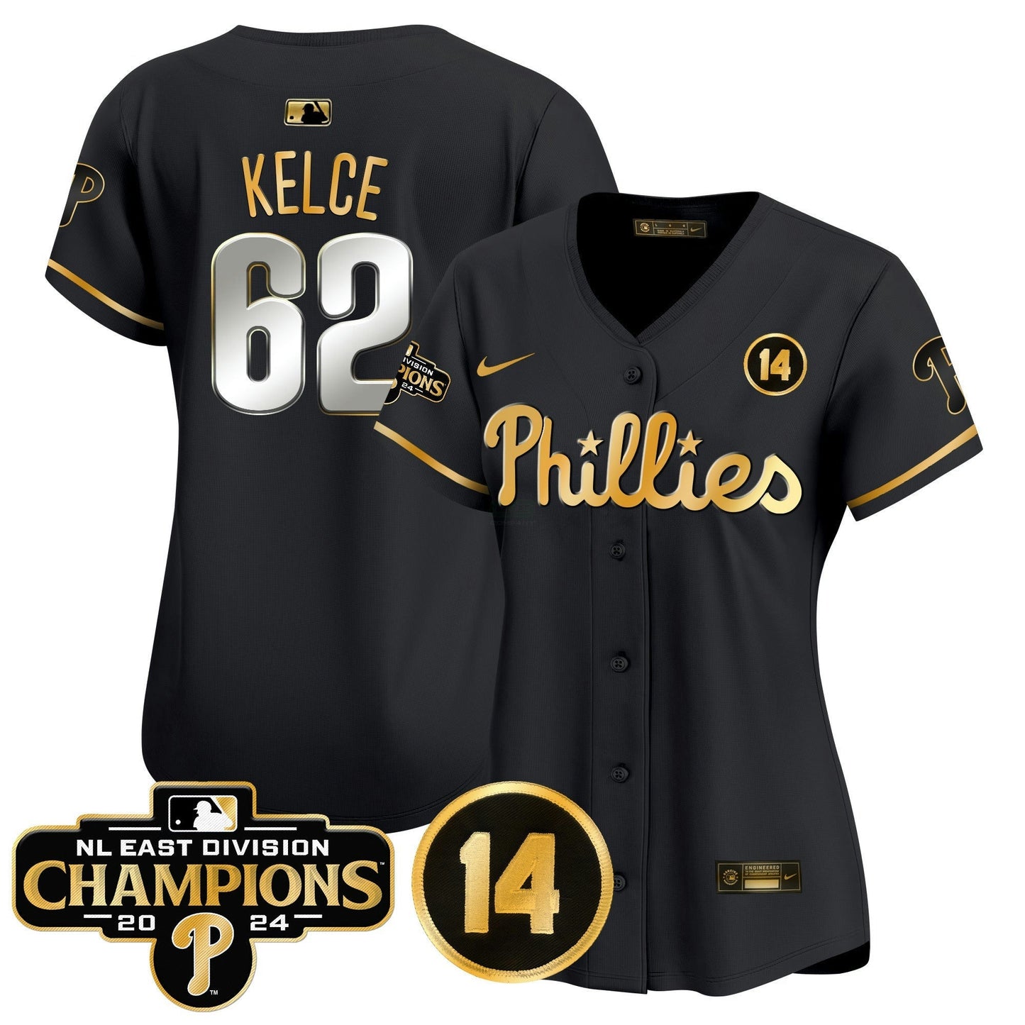 Camisa MLB Women’s 2024 NL East Division Champions & Pete Rose Patch Dourada Vapor Premier Limited Jersey