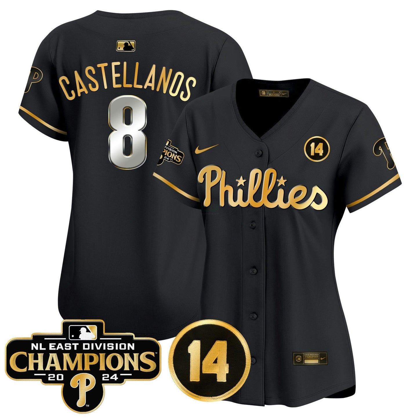 Camisa MLB Women’s 2024 NL East Division Champions & Pete Rose Patch Dourada Vapor Premier Limited Jersey