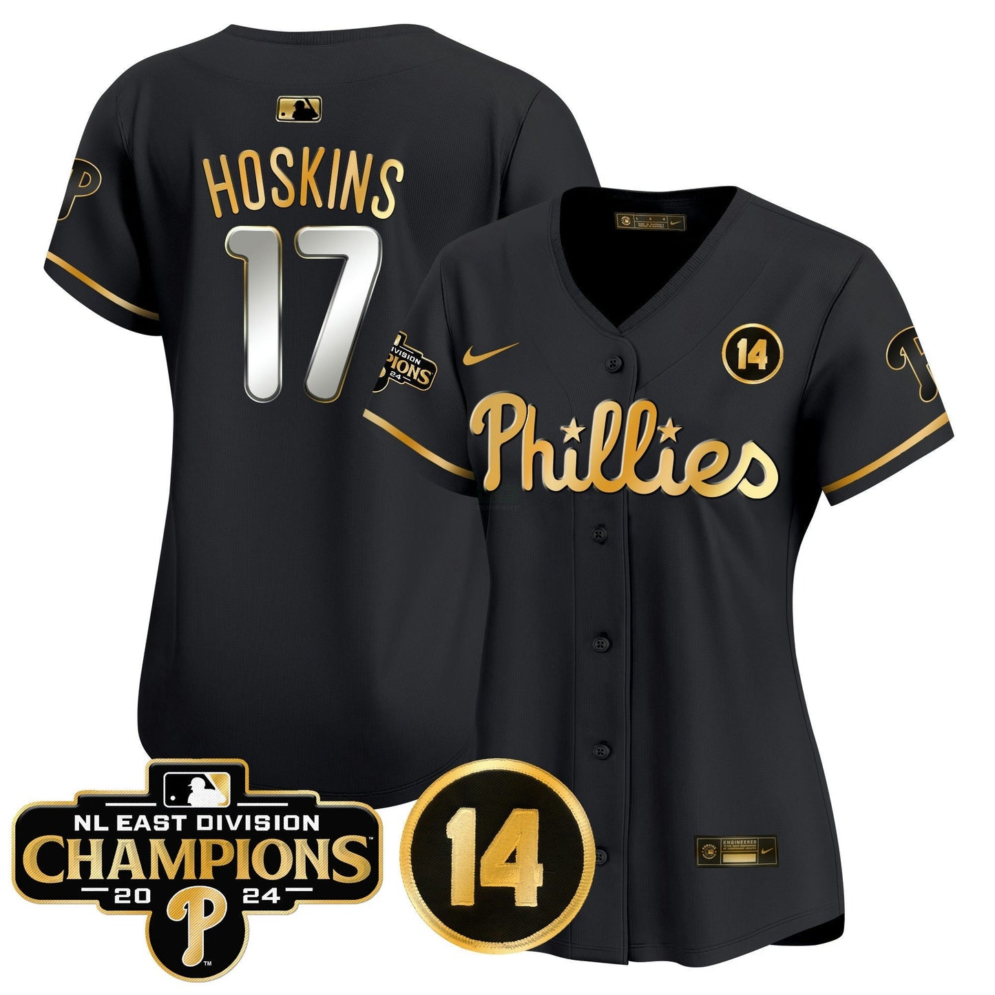 Camisa MLB Women’s 2024 NL East Division Champions & Pete Rose Patch Dourada Vapor Premier Limited Jersey
