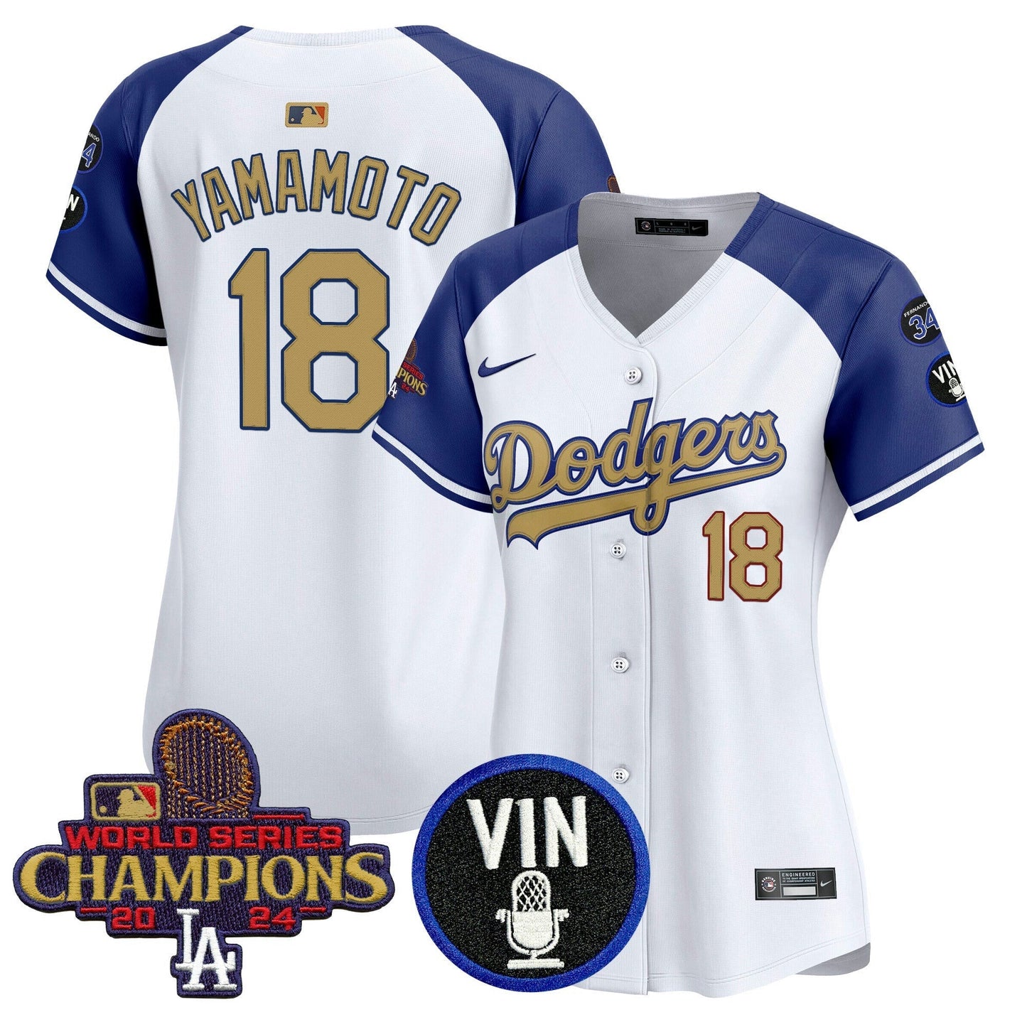 Camisa MLB Women’s 2025 Vin Scully & #34 Fernando Patch Dourada Vapor Premier Limited Jersey