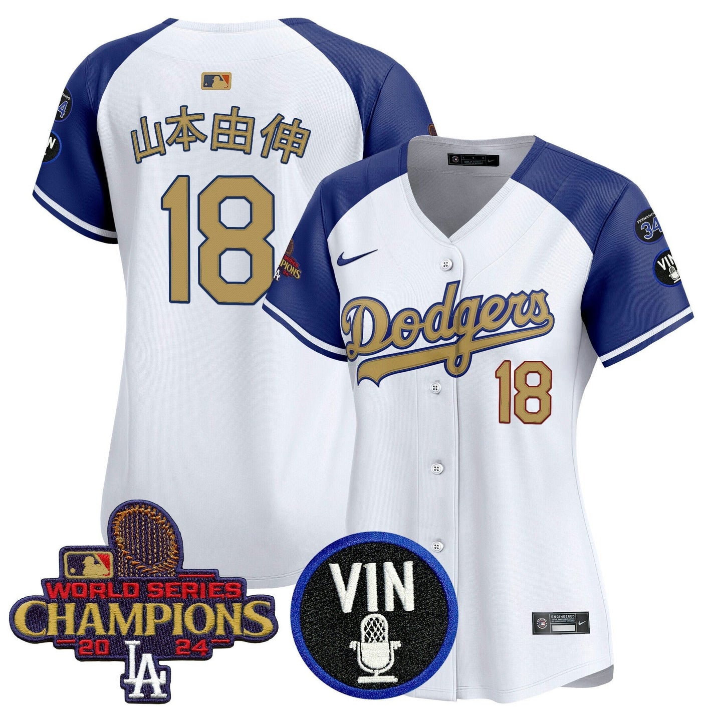 Camisa MLB Women’s 2025 Vin Scully & #34 Fernando Patch Dourada Vapor Premier Limited Jersey