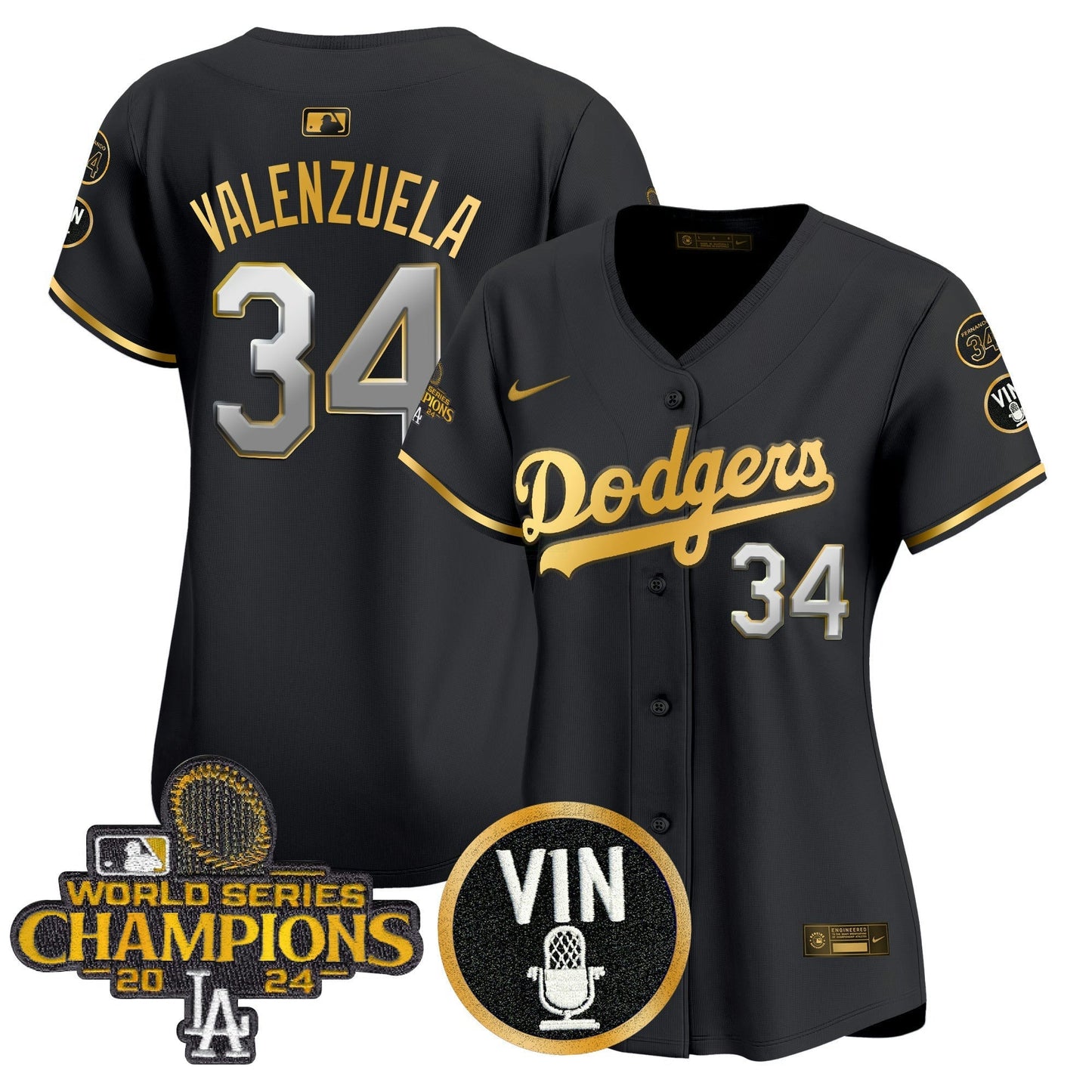 Camisa MLB Women’s 2025 Vin Scully & #34 Fernando Patch Dourada Vapor Premier Limited Jersey