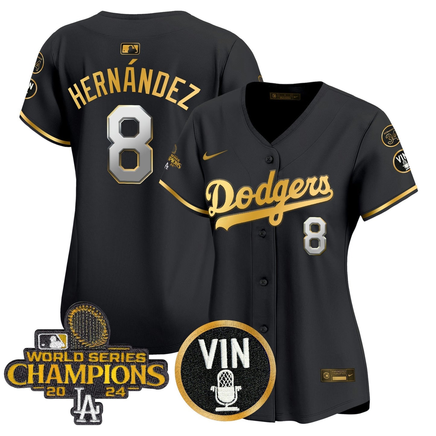 Camisa MLB Women’s 2025 Vin Scully & #34 Fernando Patch Dourada Vapor Premier Limited Jersey