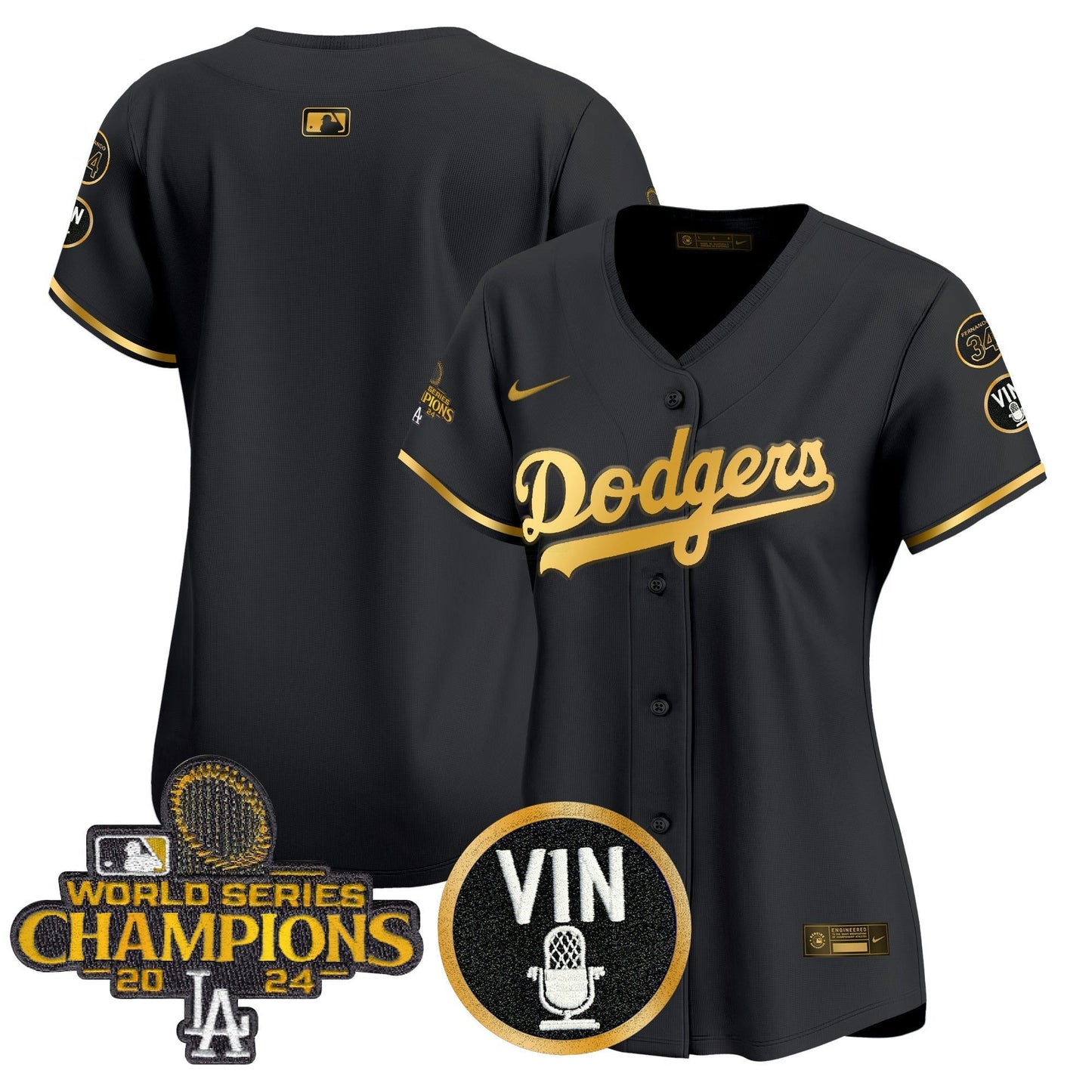 Camisa MLB Women’s 2025 Vin Scully & #34 Fernando Patch Dourada Vapor Premier Limited Jersey