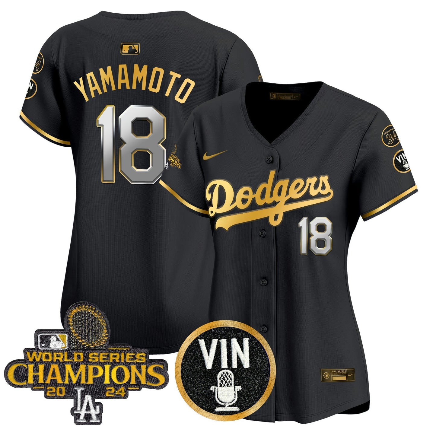 Camisa MLB Women’s 2025 Vin Scully & #34 Fernando Patch Dourada Vapor Premier Limited Jersey