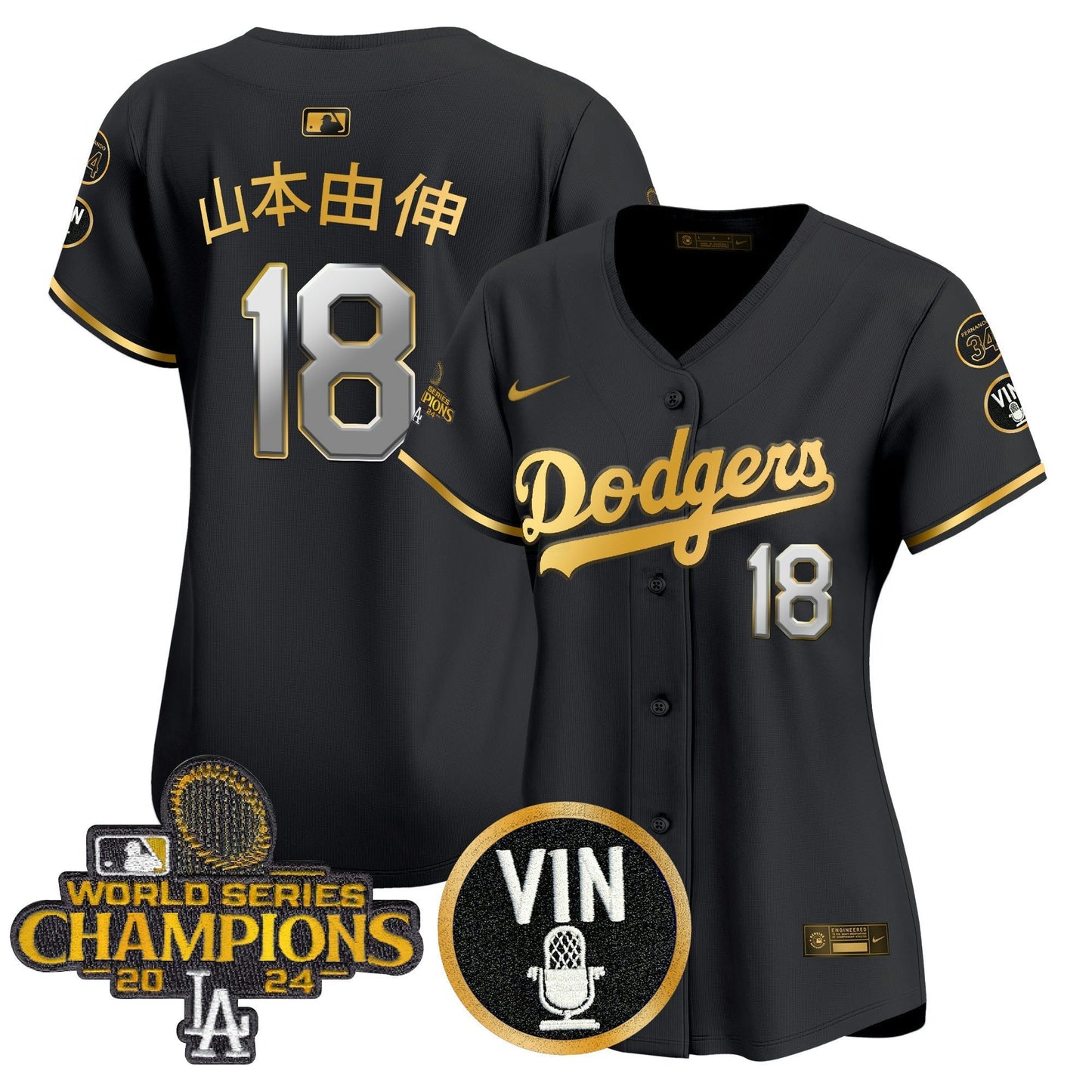 Camisa MLB Women’s 2025 Vin Scully & #34 Fernando Patch Dourada Vapor Premier Limited Jersey