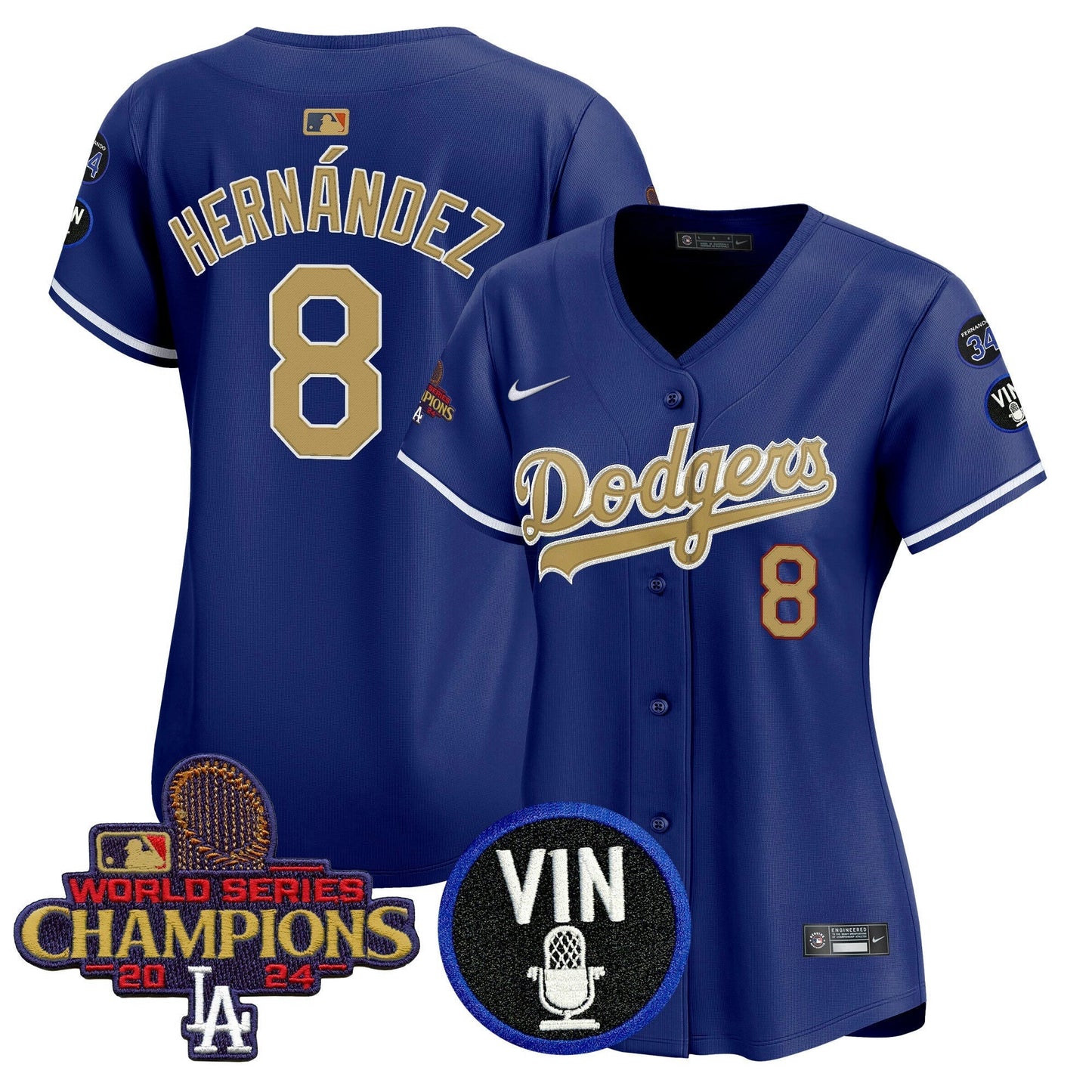 Camisa MLB Women’s 2025 Vin Scully & #34 Fernando Patch Dourada Vapor Premier Limited Jersey
