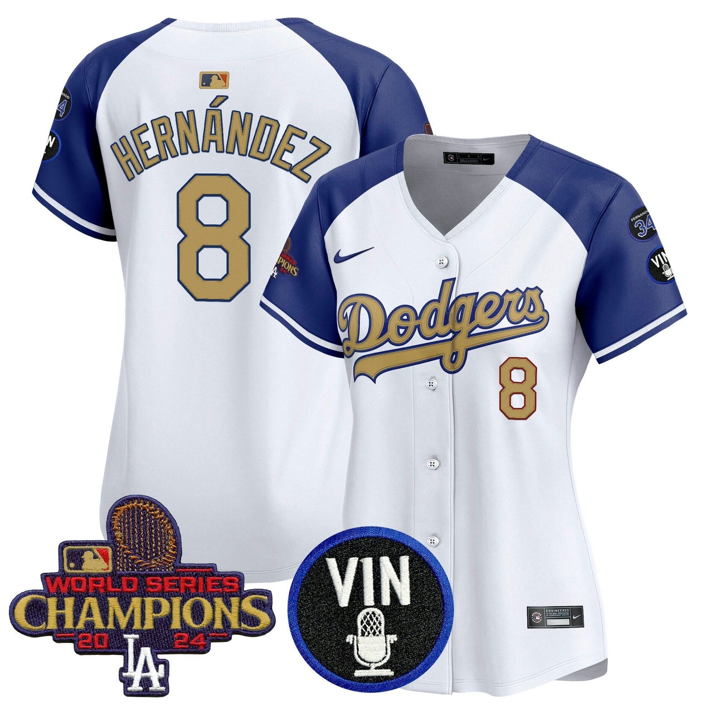 Camisa MLB Women’s 2025 Vin Scully & #34 Fernando Patch Dourada Vapor Premier Limited Jersey