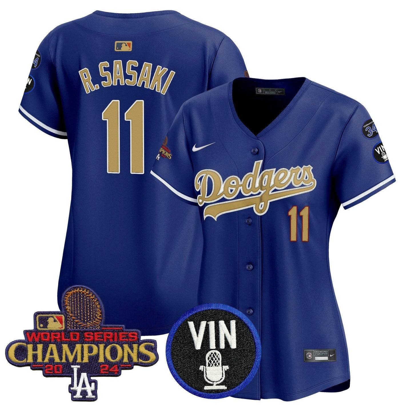 Camisa MLB Women’s 2025 Vin Scully & #34 Fernando Patch Dourada Vapor Premier Limited Jersey