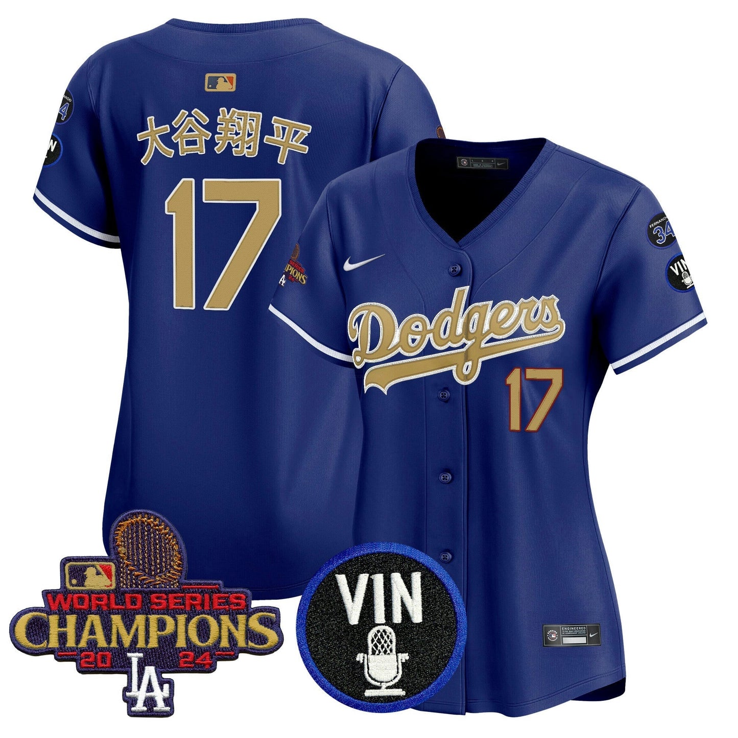 Camisa MLB Women’s 2025 Vin Scully & #34 Fernando Patch Dourada Vapor Premier Limited Jersey
