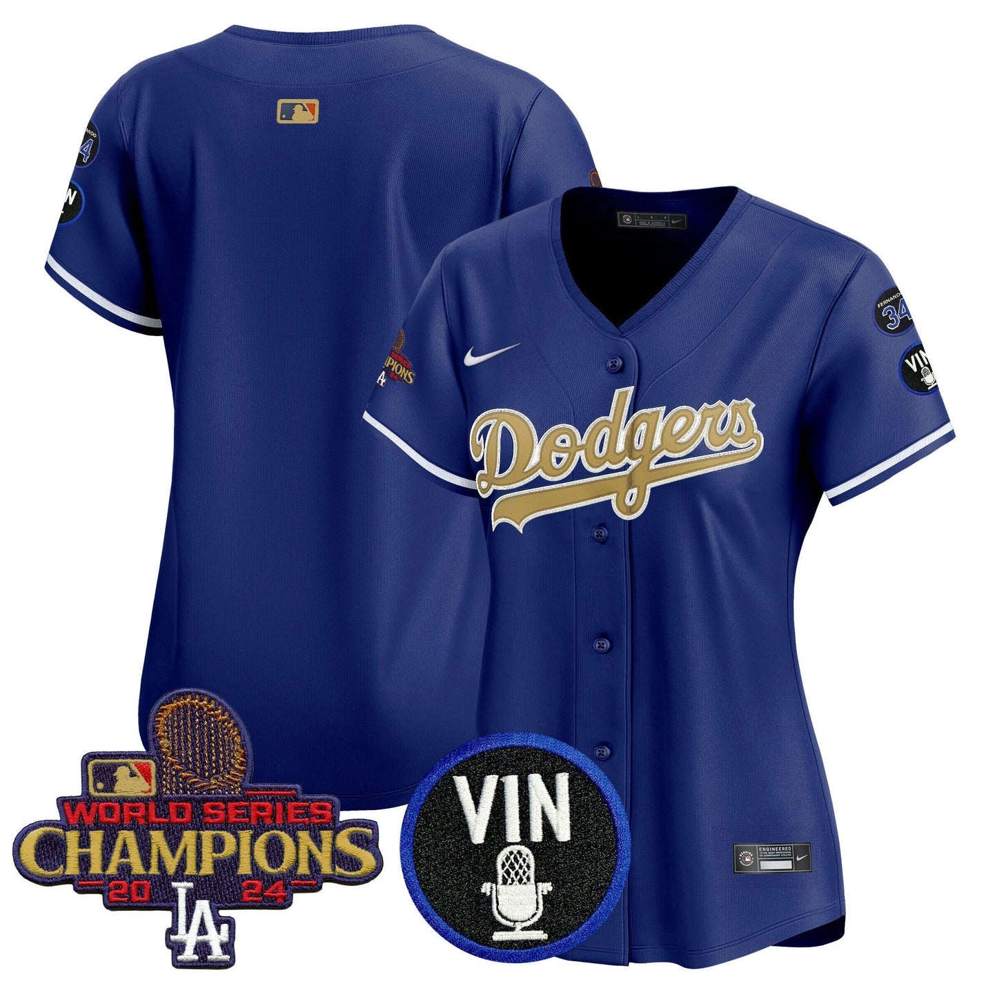 Camisa MLB Women’s 2025 Vin Scully & #34 Fernando Patch Dourada Vapor Premier Limited Jersey