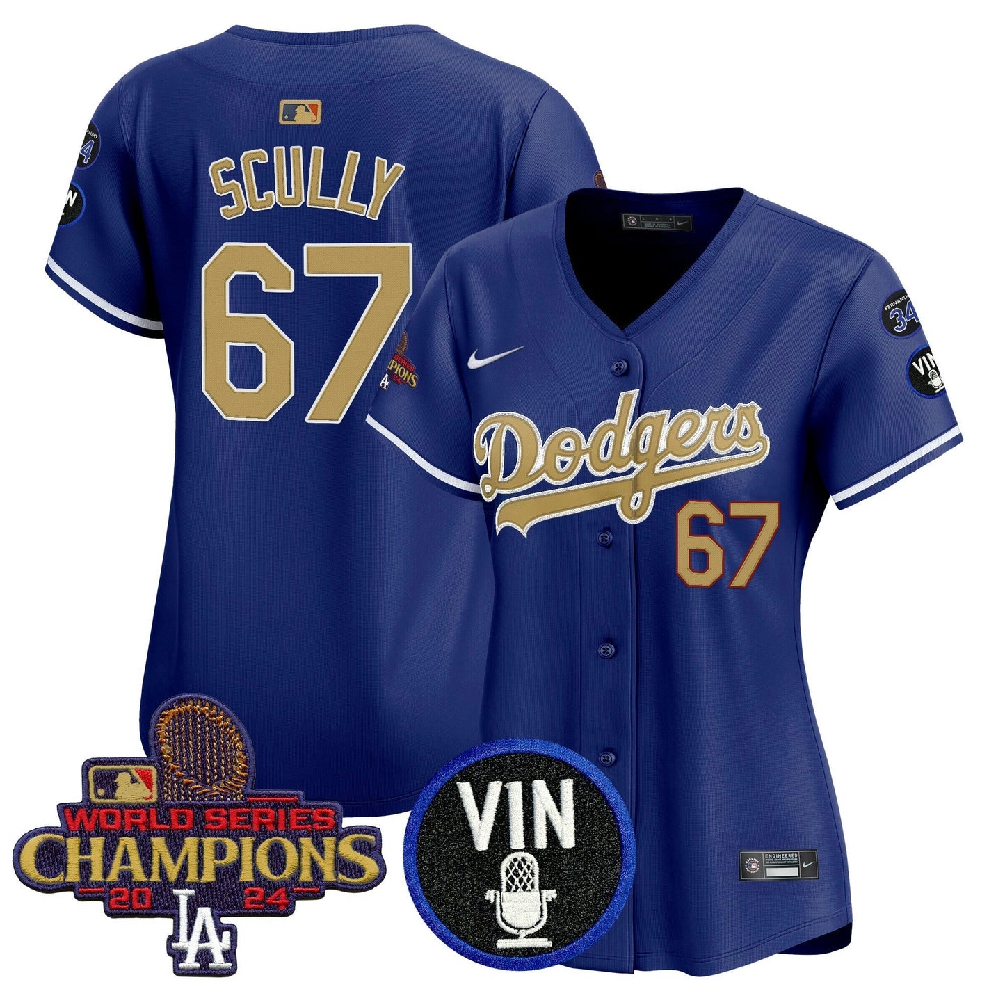 Camisa MLB Women’s 2025 Vin Scully & #34 Fernando Patch Dourada Vapor Premier Limited Jersey