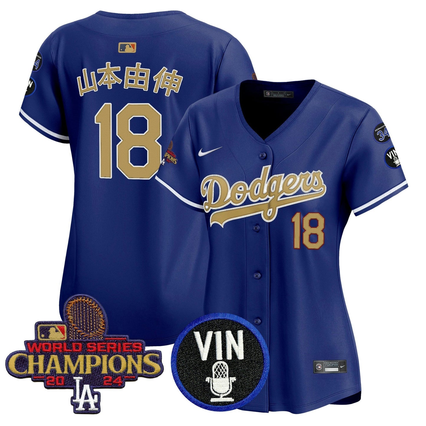 Camisa MLB Women’s 2025 Vin Scully & #34 Fernando Patch Dourada Vapor Premier Limited Jersey
