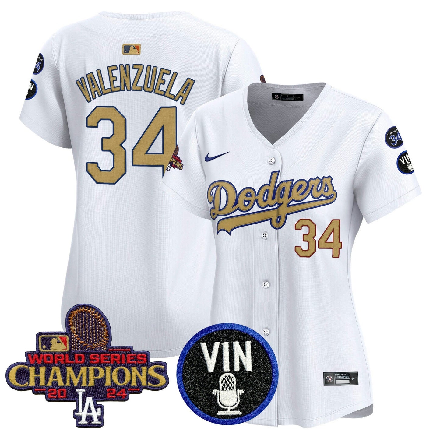 Camisa MLB Women’s 2025 Vin Scully & #34 Fernando Patch Dourada Vapor Premier Limited Jersey