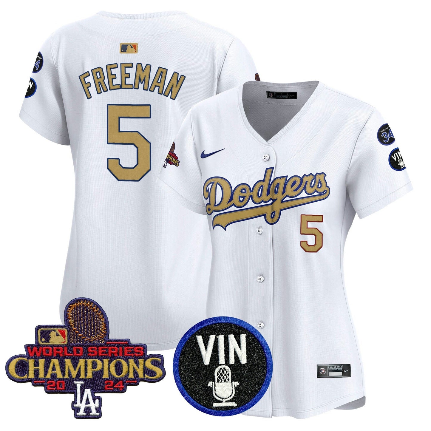 Camisa MLB Women’s 2025 Vin Scully & #34 Fernando Patch Dourada Vapor Premier Limited Jersey