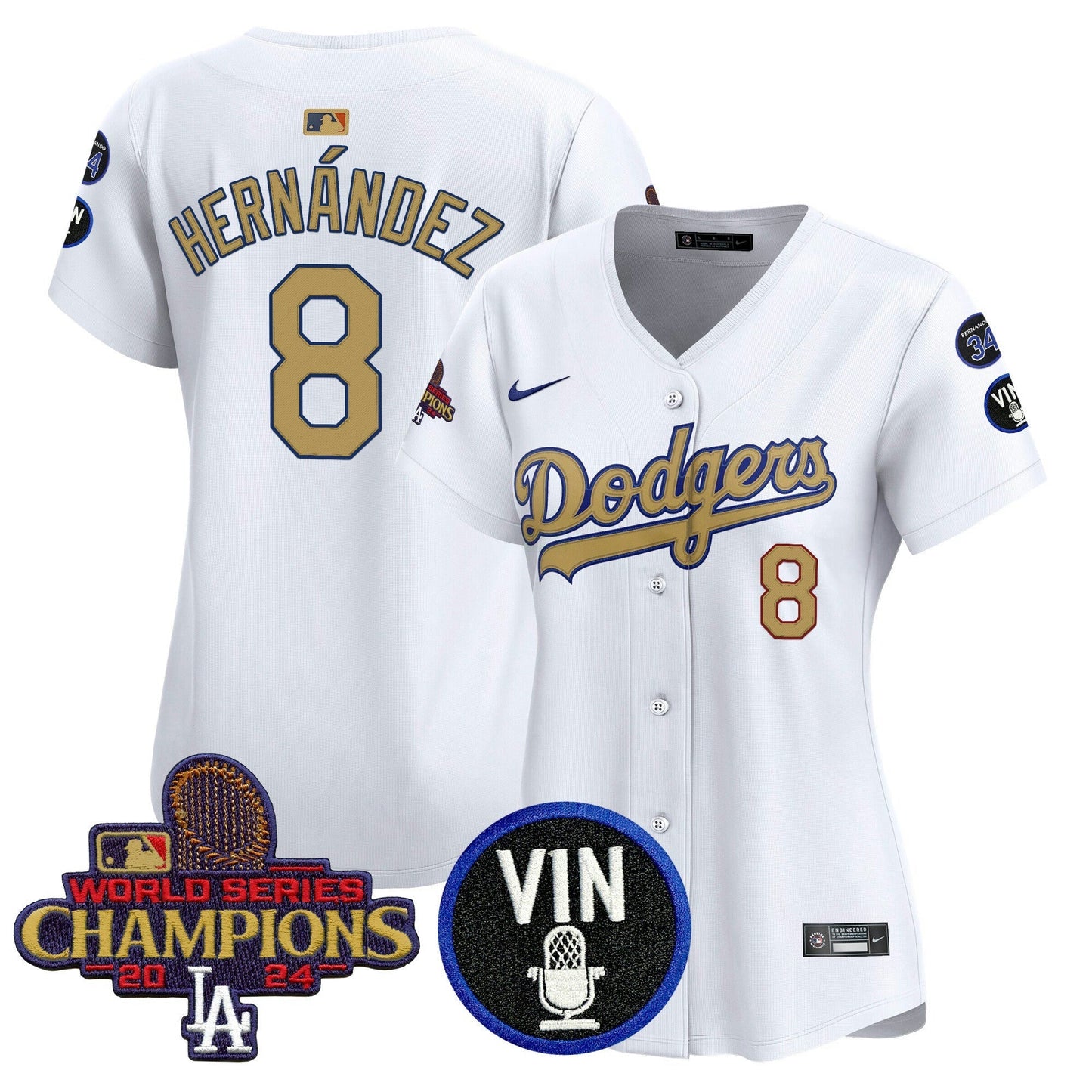 Camisa MLB Women’s 2025 Vin Scully & #34 Fernando Patch Dourada Vapor Premier Limited Jersey
