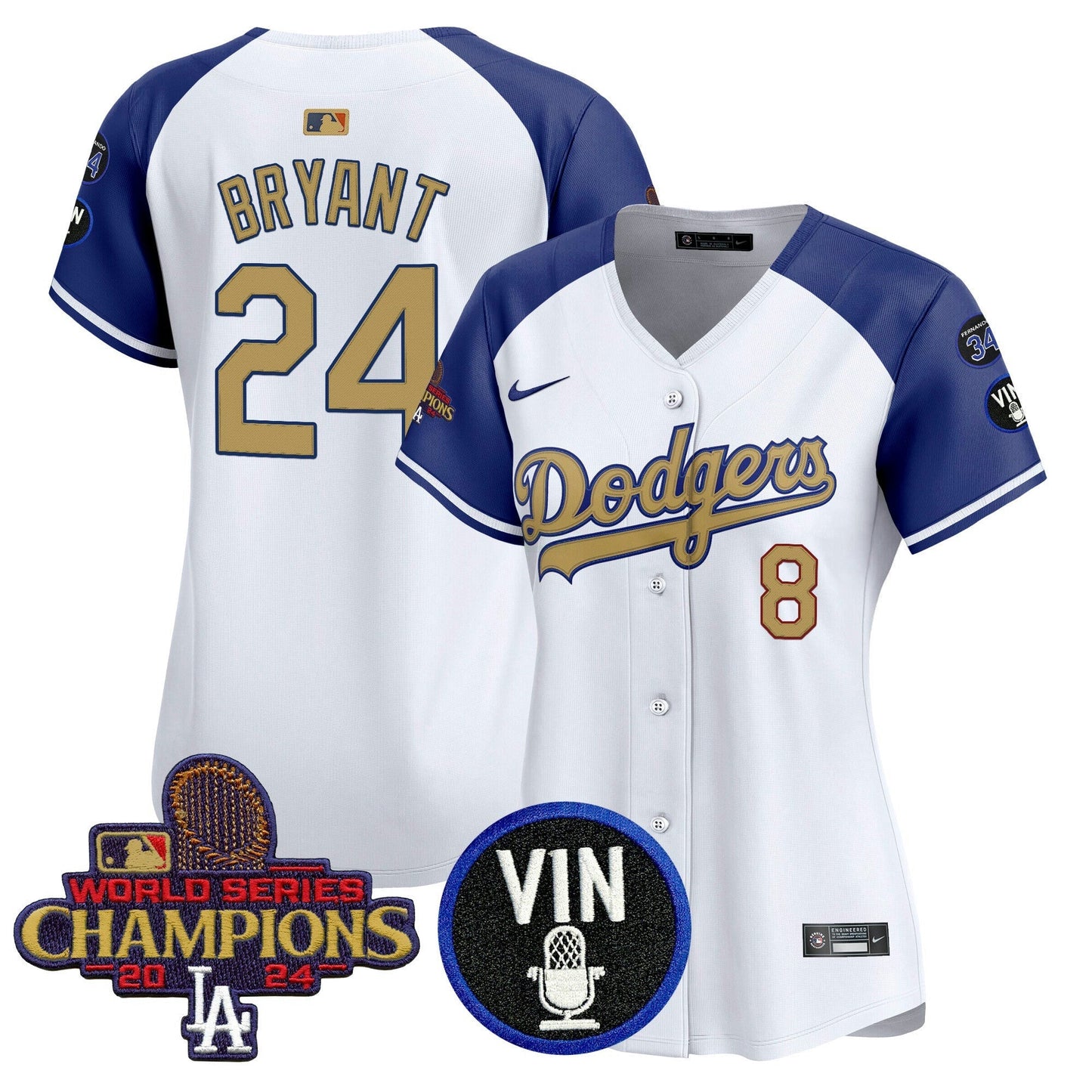 Camisa MLB Women’s 2025 Vin Scully & #34 Fernando Patch Dourada Vapor Premier Limited Jersey