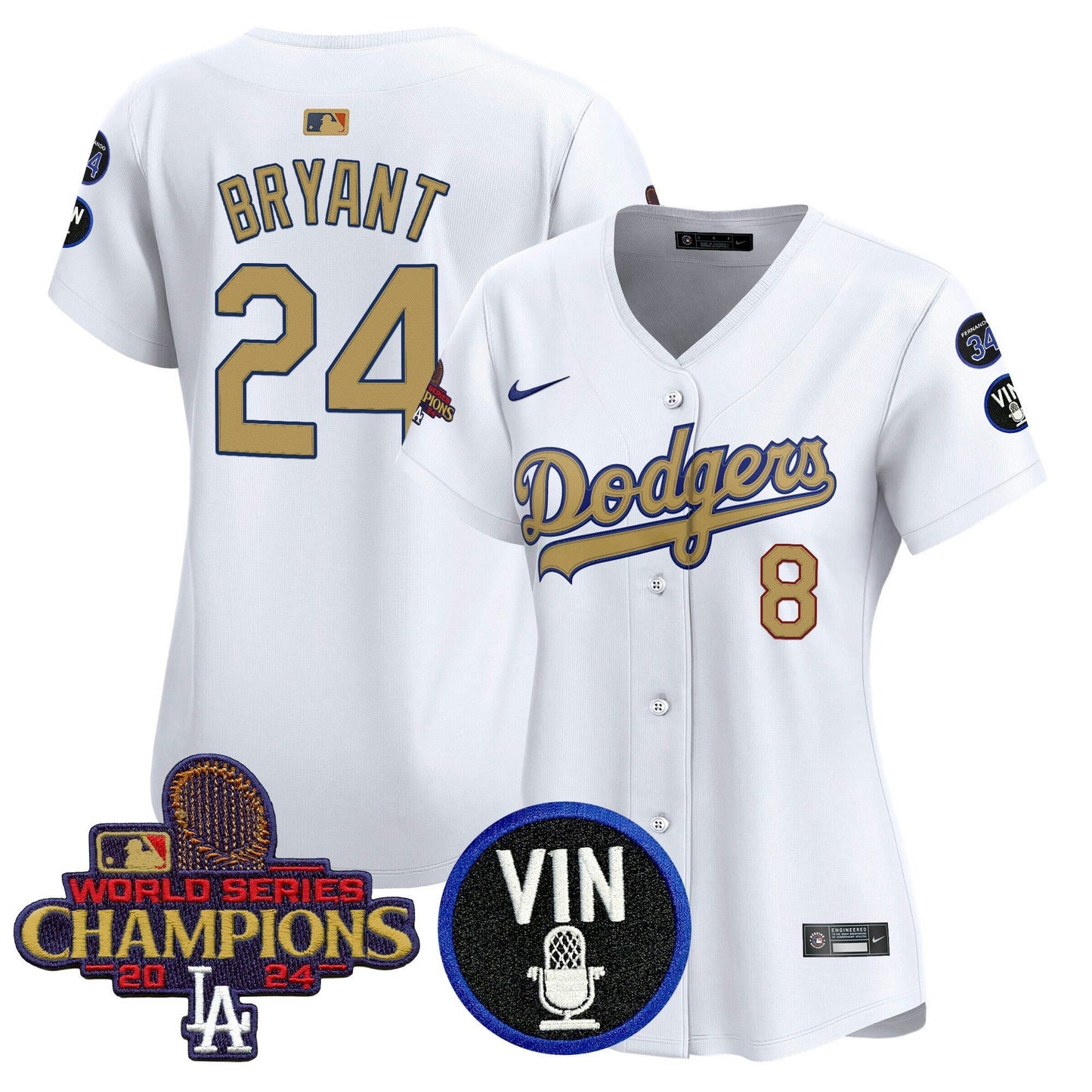 Camisa MLB Women’s 2025 Vin Scully & #34 Fernando Patch Dourada Vapor Premier Limited Jersey