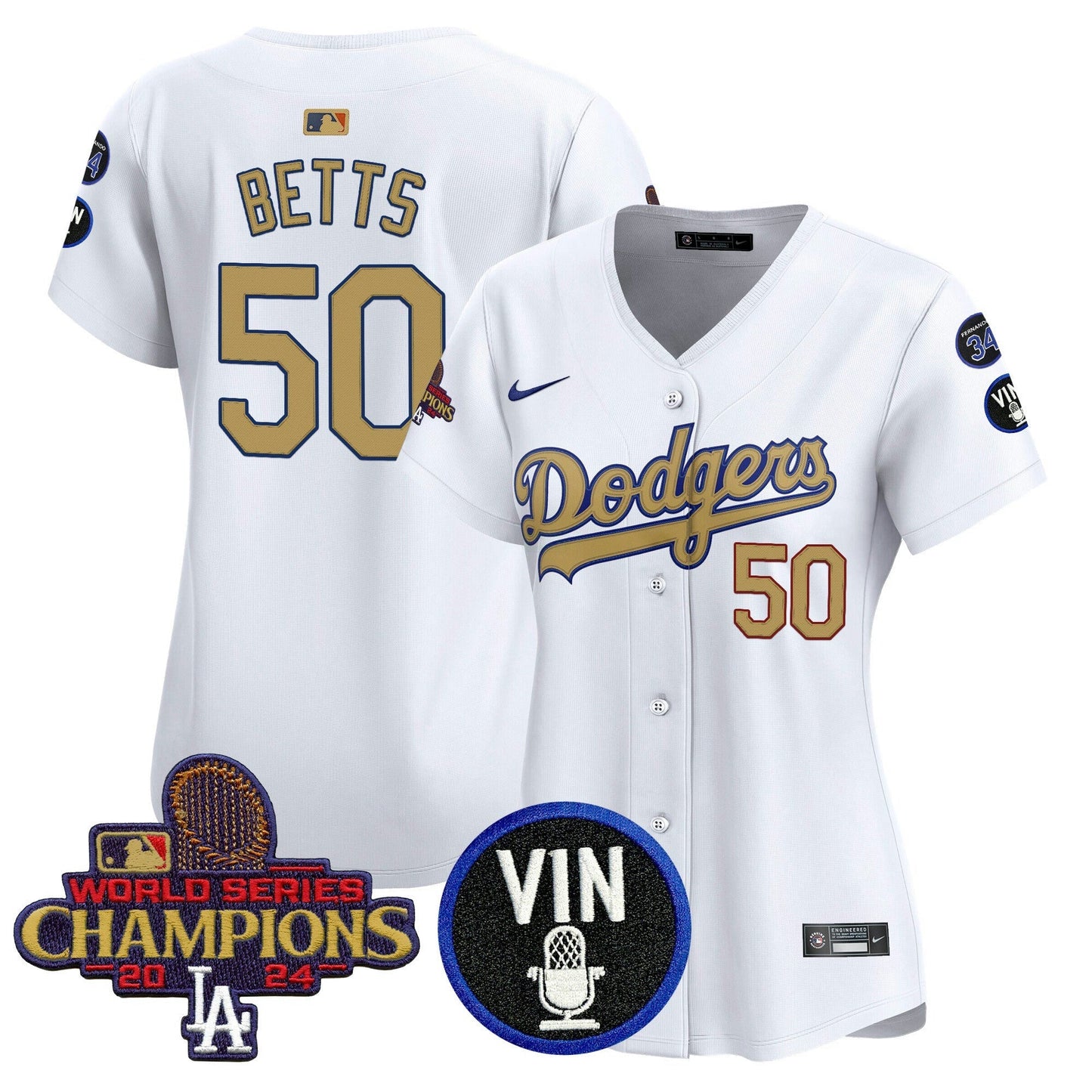 Camisa MLB Women’s 2025 Vin Scully & #34 Fernando Patch Dourada Vapor Premier Limited Jersey