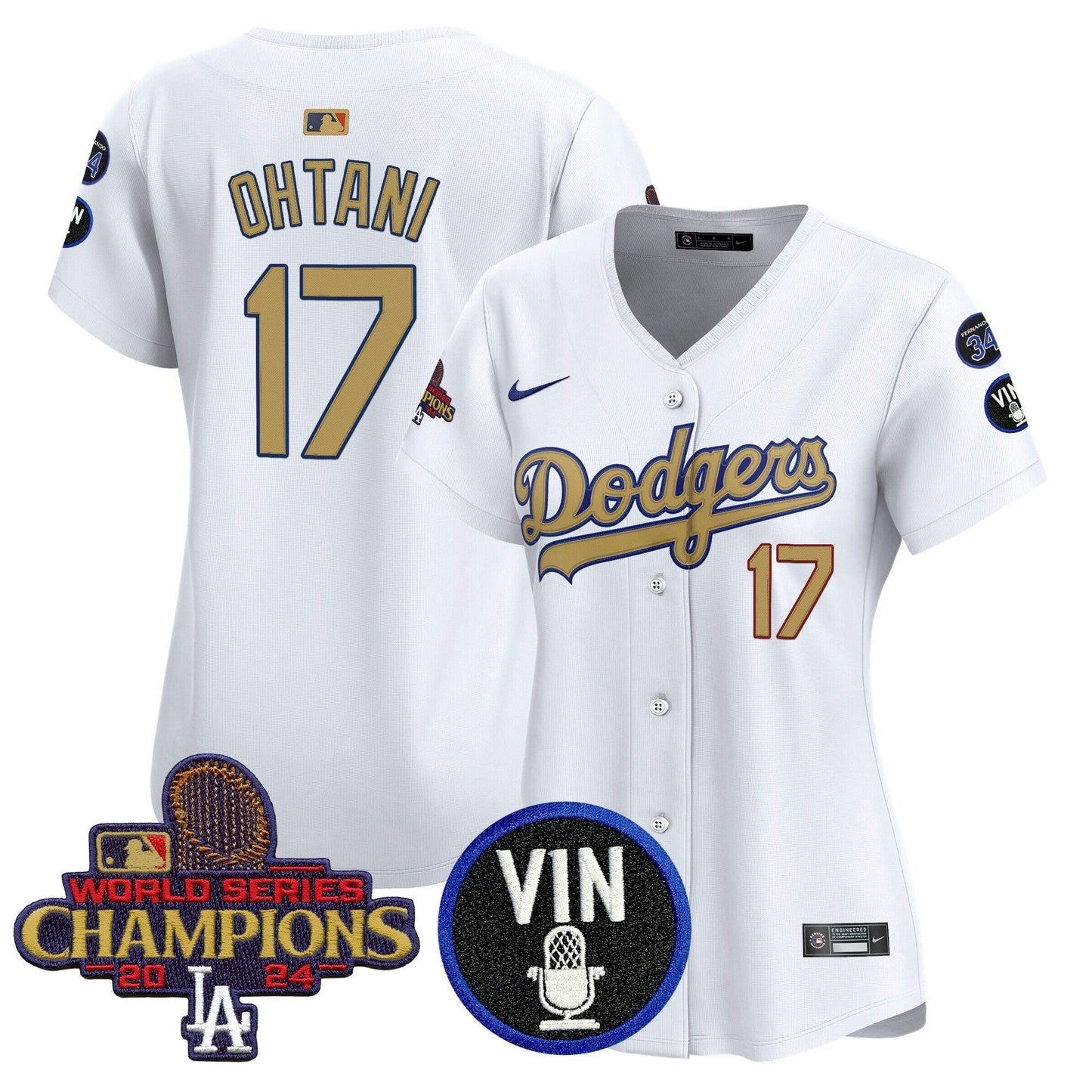 Camisa MLB Women’s 2025 Vin Scully & #34 Fernando Patch Dourada Vapor Premier Limited Jersey