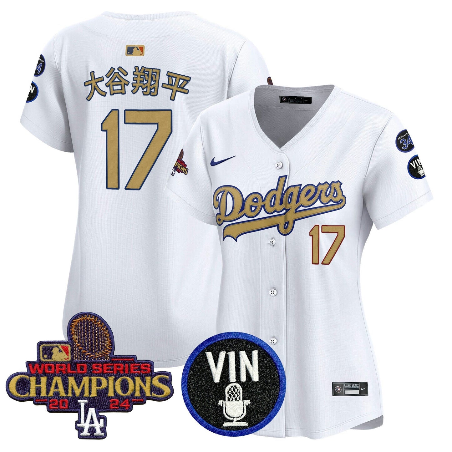 Camisa MLB Women’s 2025 Vin Scully & #34 Fernando Patch Dourada Vapor Premier Limited Jersey