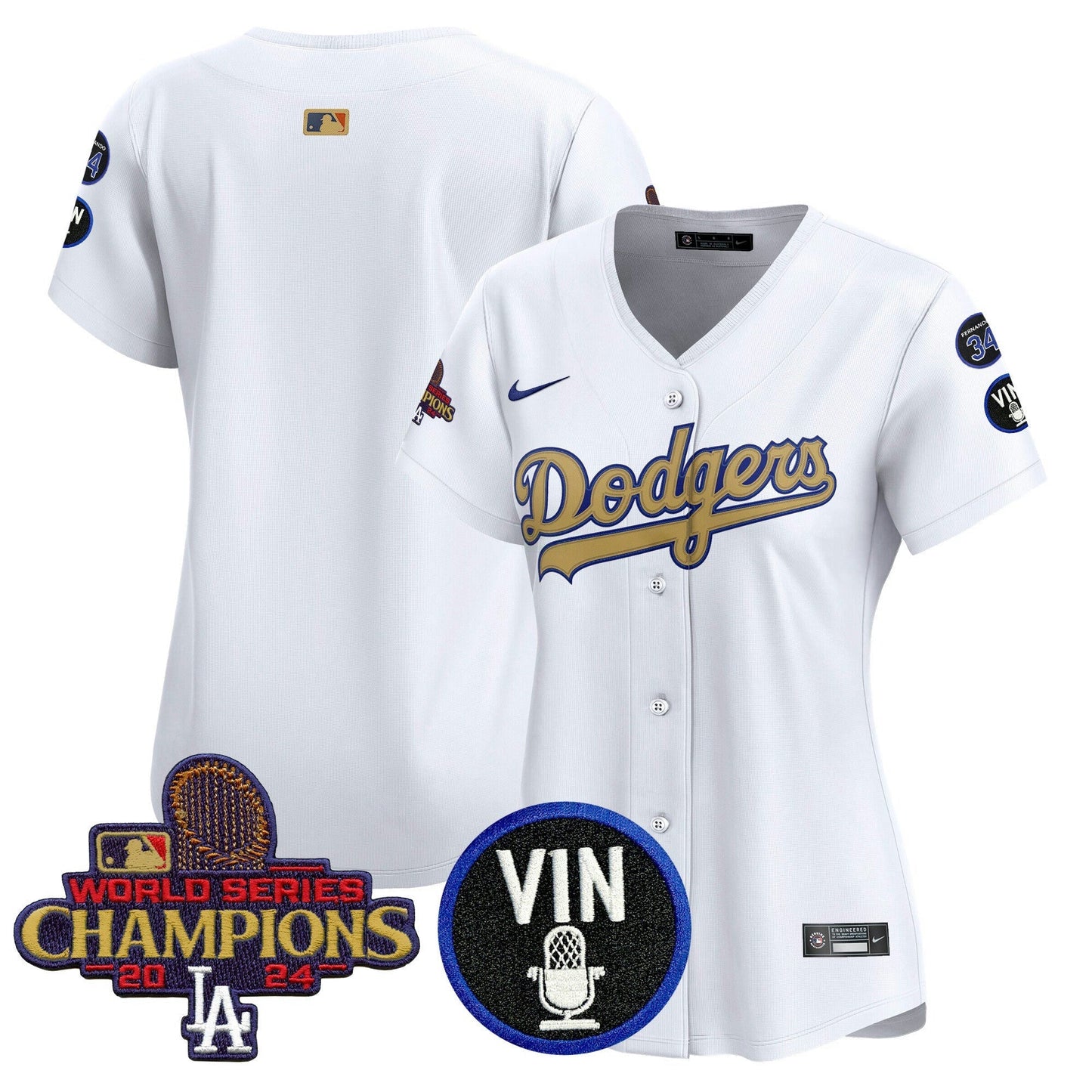 Camisa MLB Women’s 2025 Vin Scully & #34 Fernando Patch Dourada Vapor Premier Limited Jersey