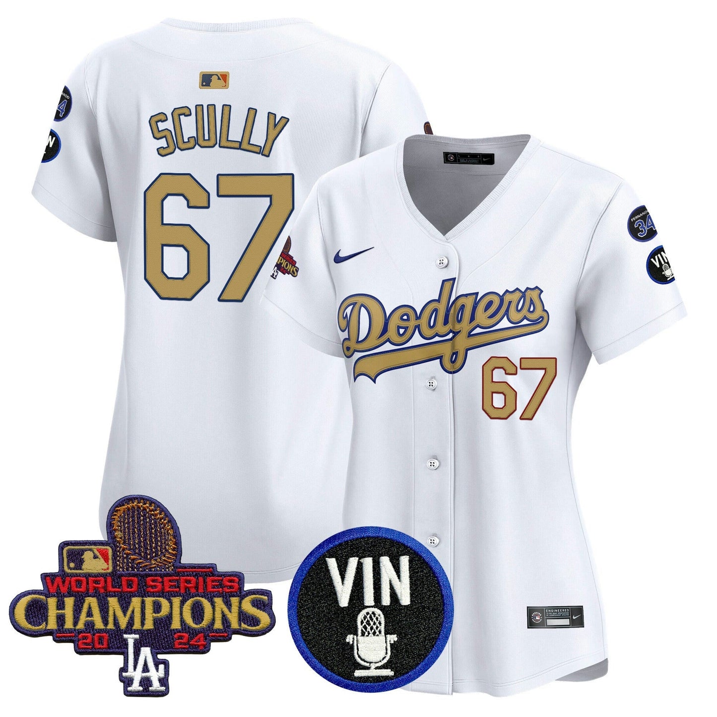 Camisa MLB Women’s 2025 Vin Scully & #34 Fernando Patch Dourada Vapor Premier Limited Jersey