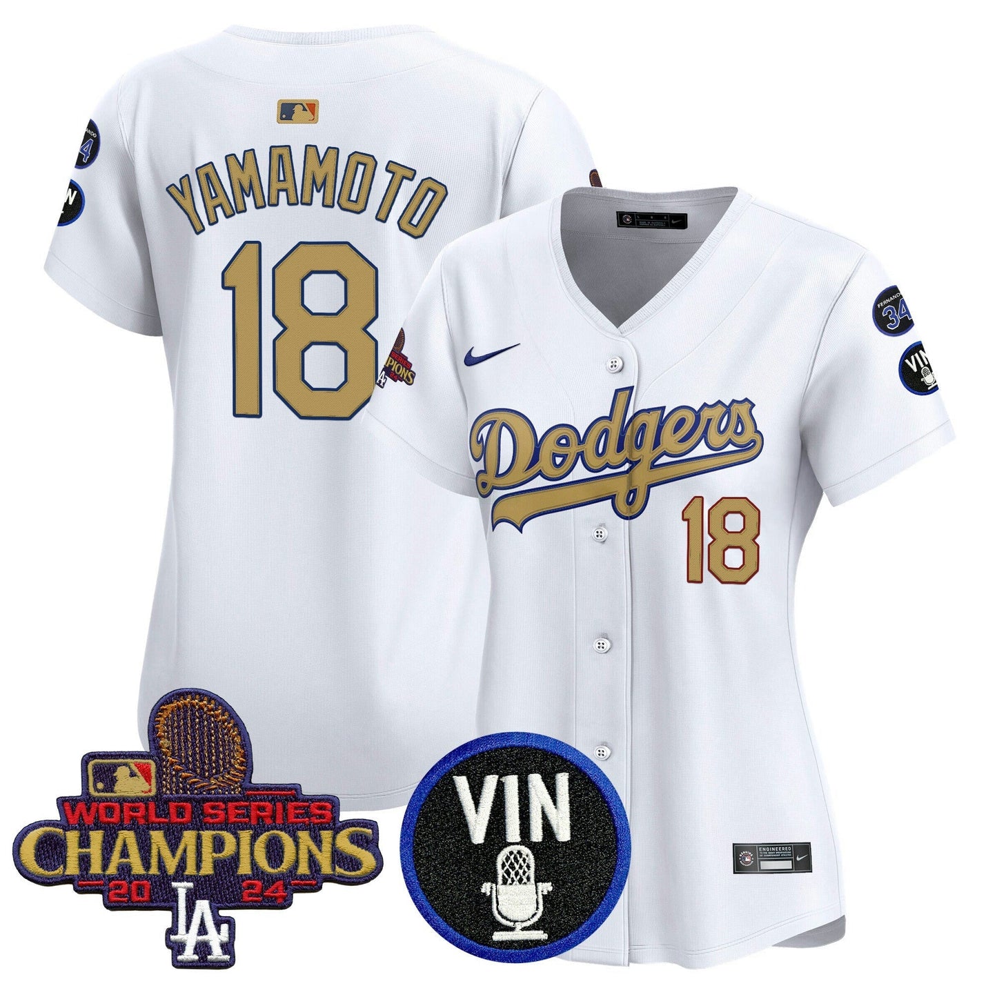 Camisa MLB Women’s 2025 Vin Scully & #34 Fernando Patch Dourada Vapor Premier Limited Jersey