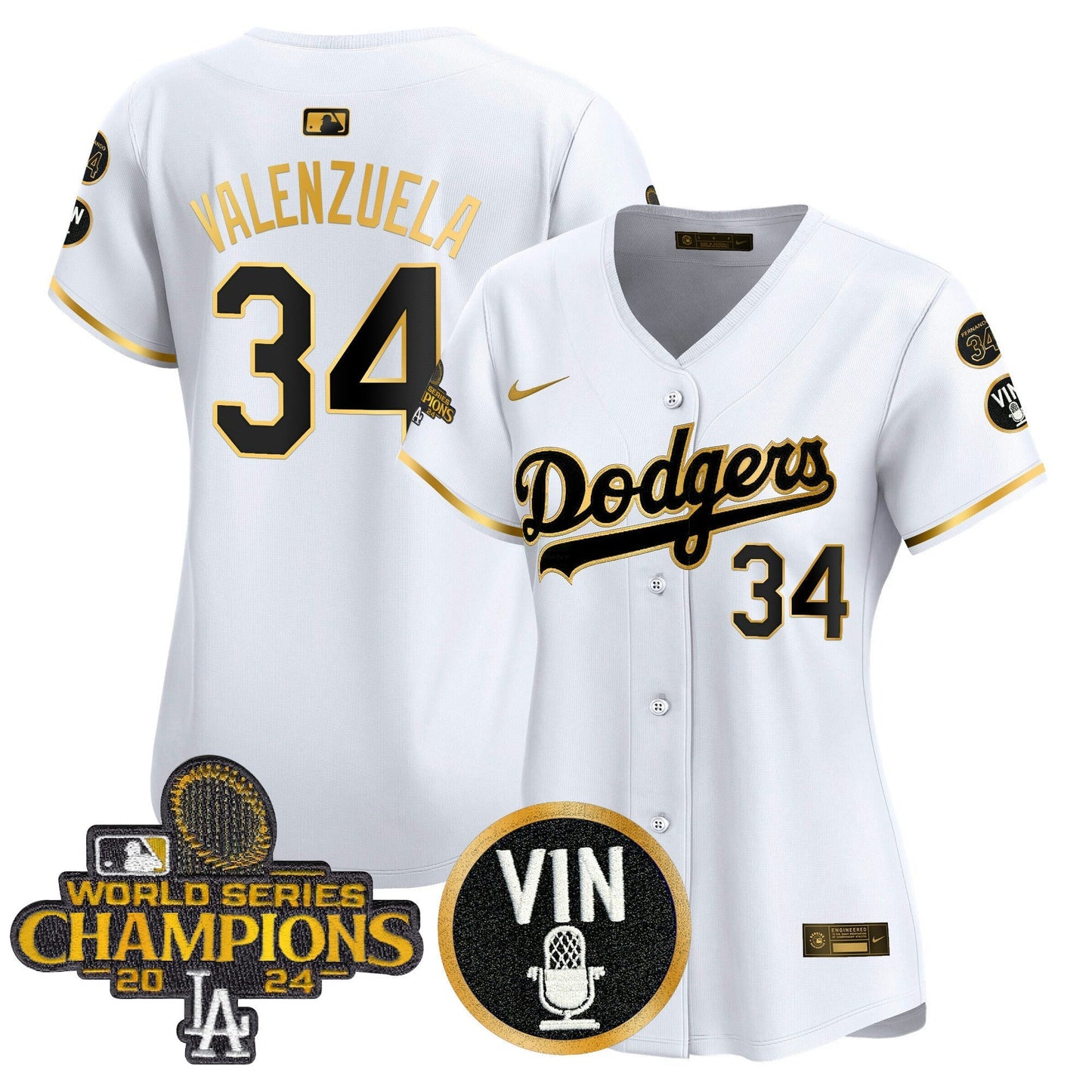 Camisa MLB Women’s 2025 Vin Scully & #34 Fernando Patch Dourada Vapor Premier Limited Jersey