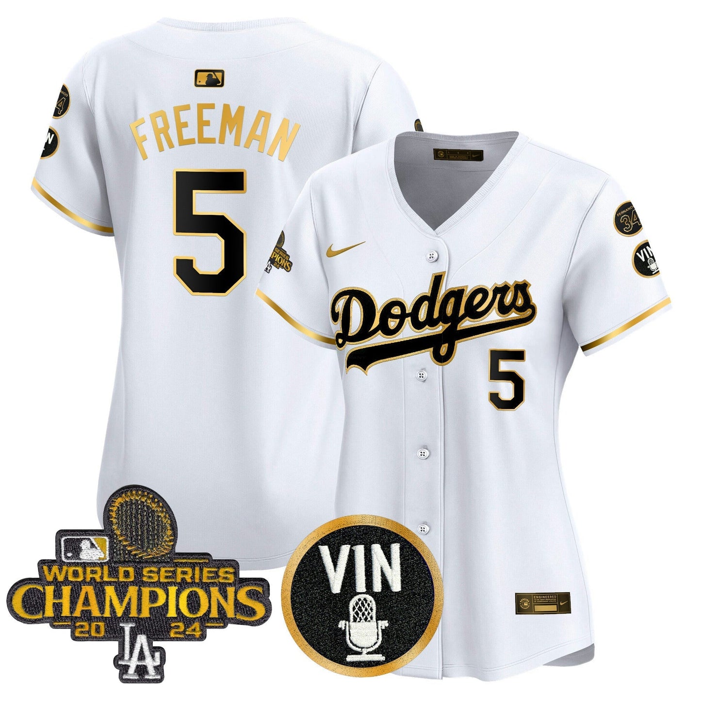 Camisa MLB Women’s 2025 Vin Scully & #34 Fernando Patch Dourada Vapor Premier Limited Jersey