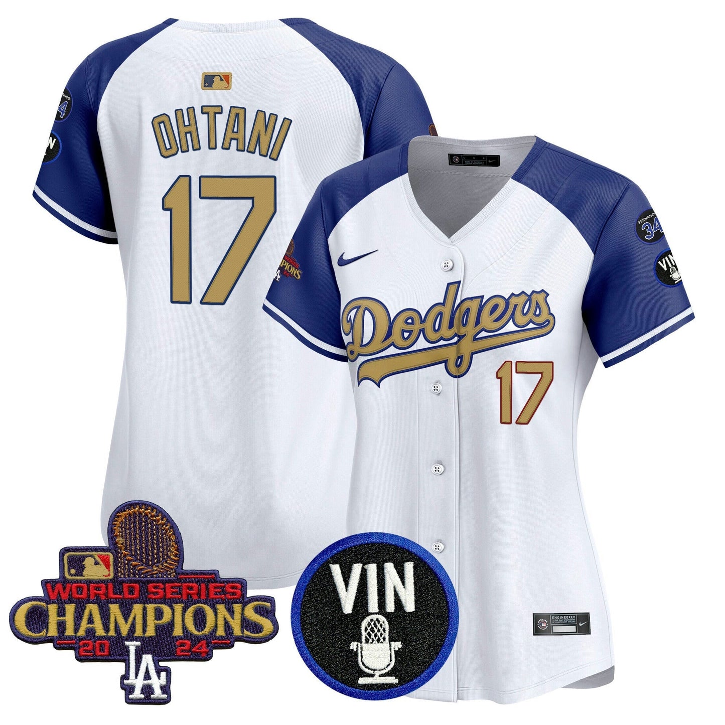 Camisa MLB Women’s 2025 Vin Scully & #34 Fernando Patch Dourada Vapor Premier Limited Jersey