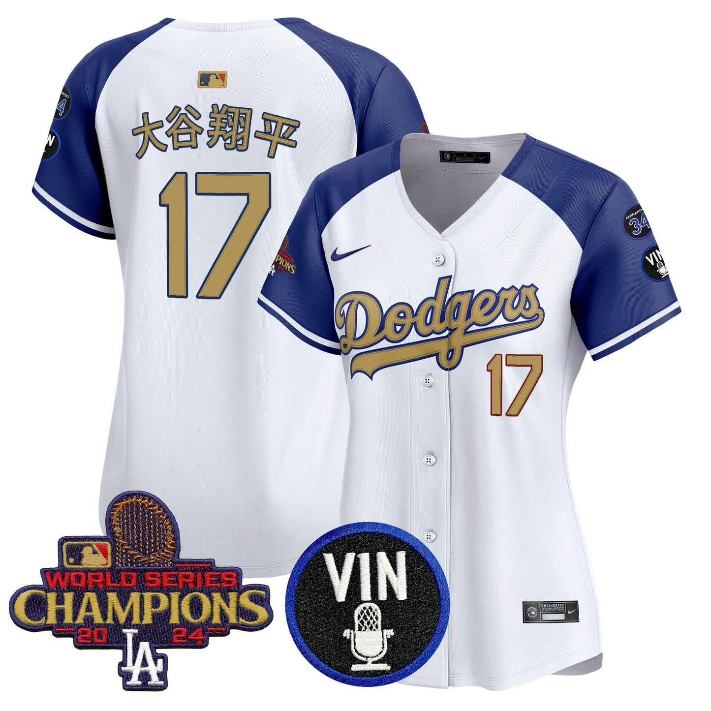 Camisa MLB Women’s 2025 Vin Scully & #34 Fernando Patch Dourada Vapor Premier Limited Jersey