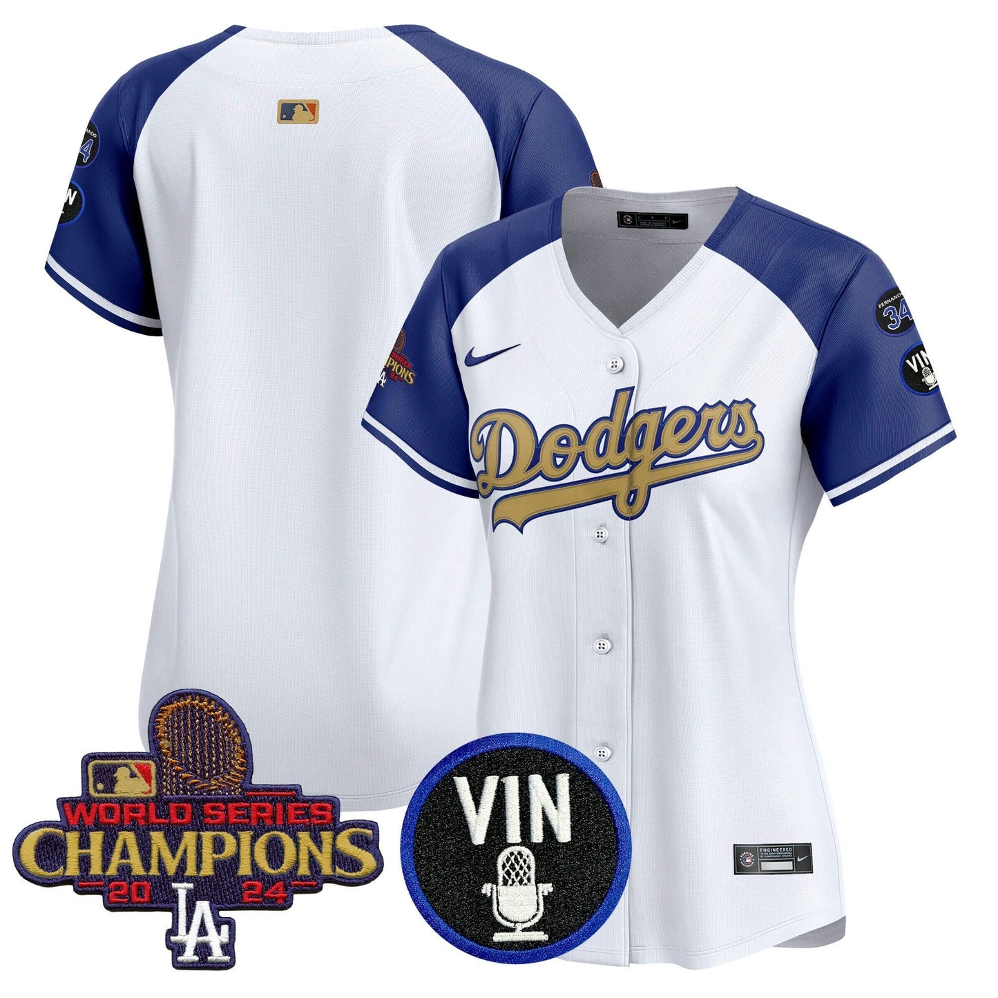 Camisa MLB Women’s 2025 Vin Scully & #34 Fernando Patch Dourada Vapor Premier Limited Jersey