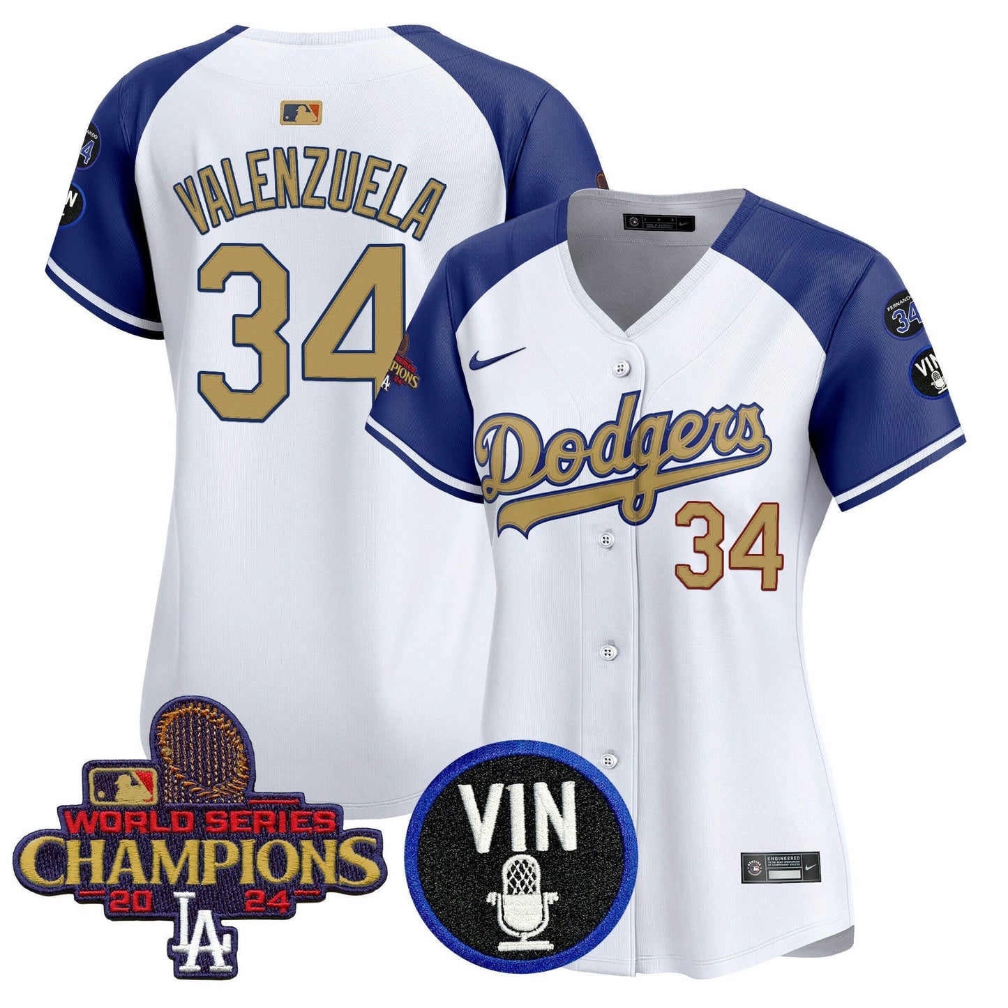 Camisa MLB Women’s 2025 Vin Scully & #34 Fernando Patch Dourada Vapor Premier Limited Jersey