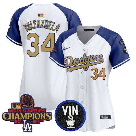 Camisa MLB Women’s 2025 Vin Scully & #34 Fernando Patch Dourada Vapor Premier Limited Jersey