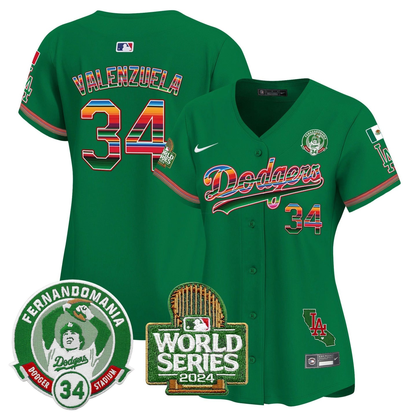 Camisa MLB Women’s Mexico Fernando Valenzuela & 2024 World Series Patch Vapor Premier Limited Jersey