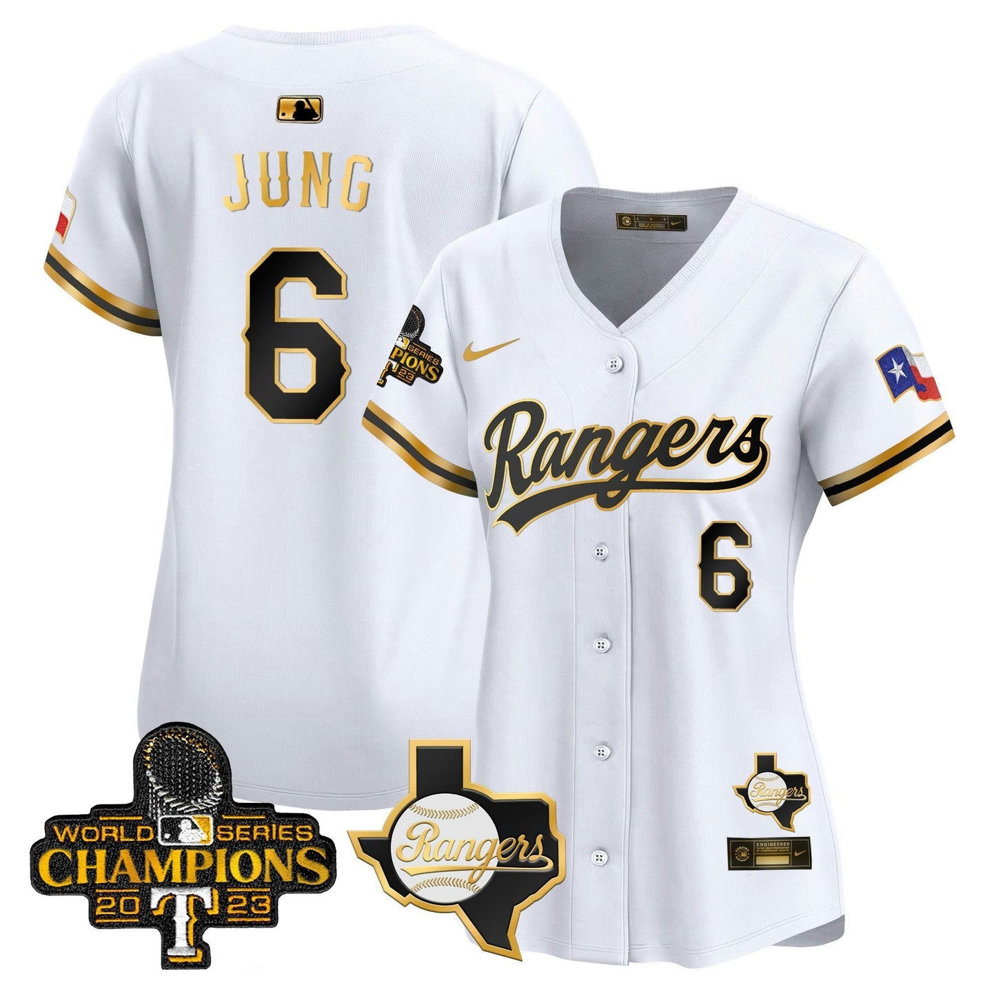 Camisa MLB Women’s Texas 2023 World Series Champions Dourada Trim Vapor Premier Limited Jersey V2