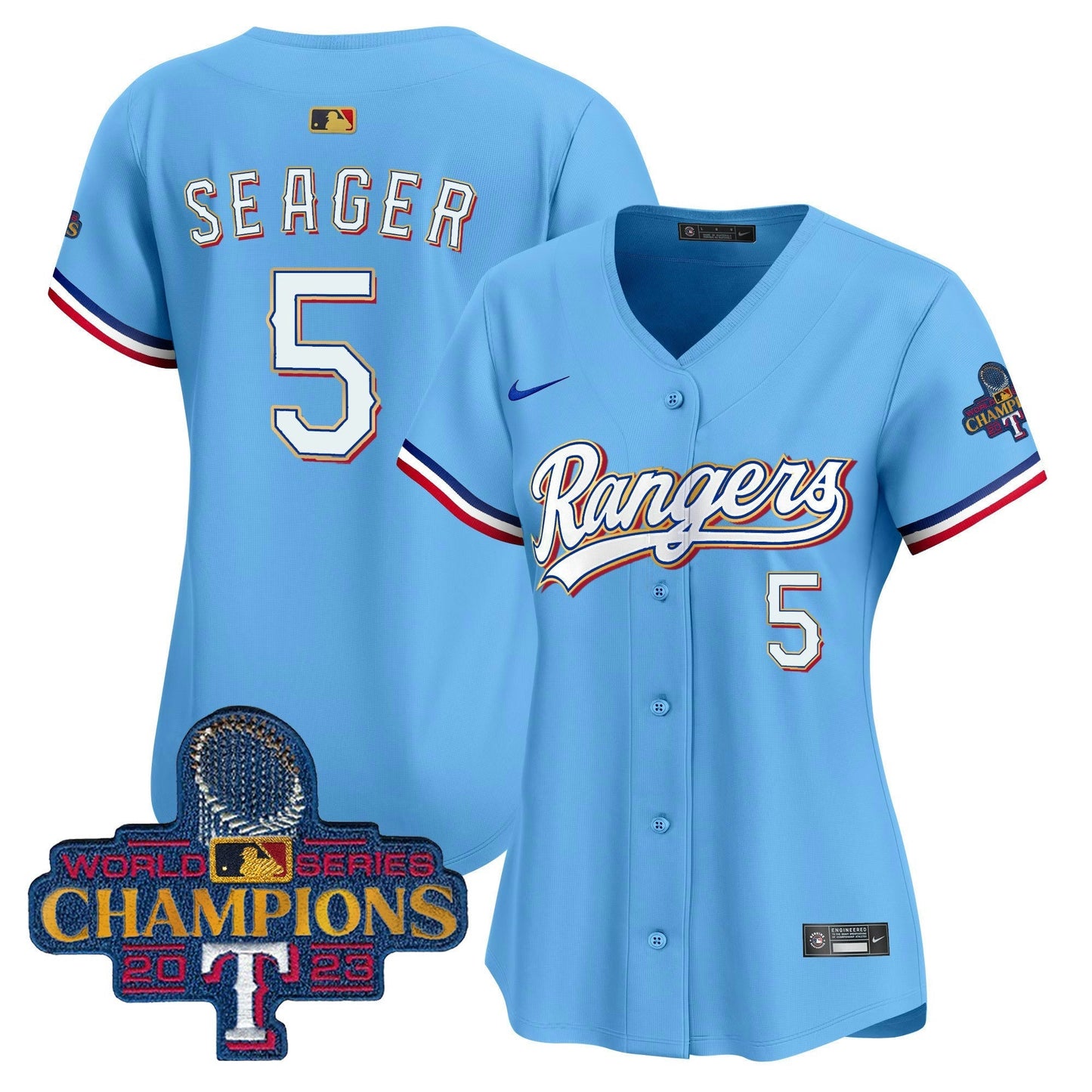 Camisa MLB Women’s Texas 2023 World Series Champions Dourada Trim Vapor Premier Limited Jersey