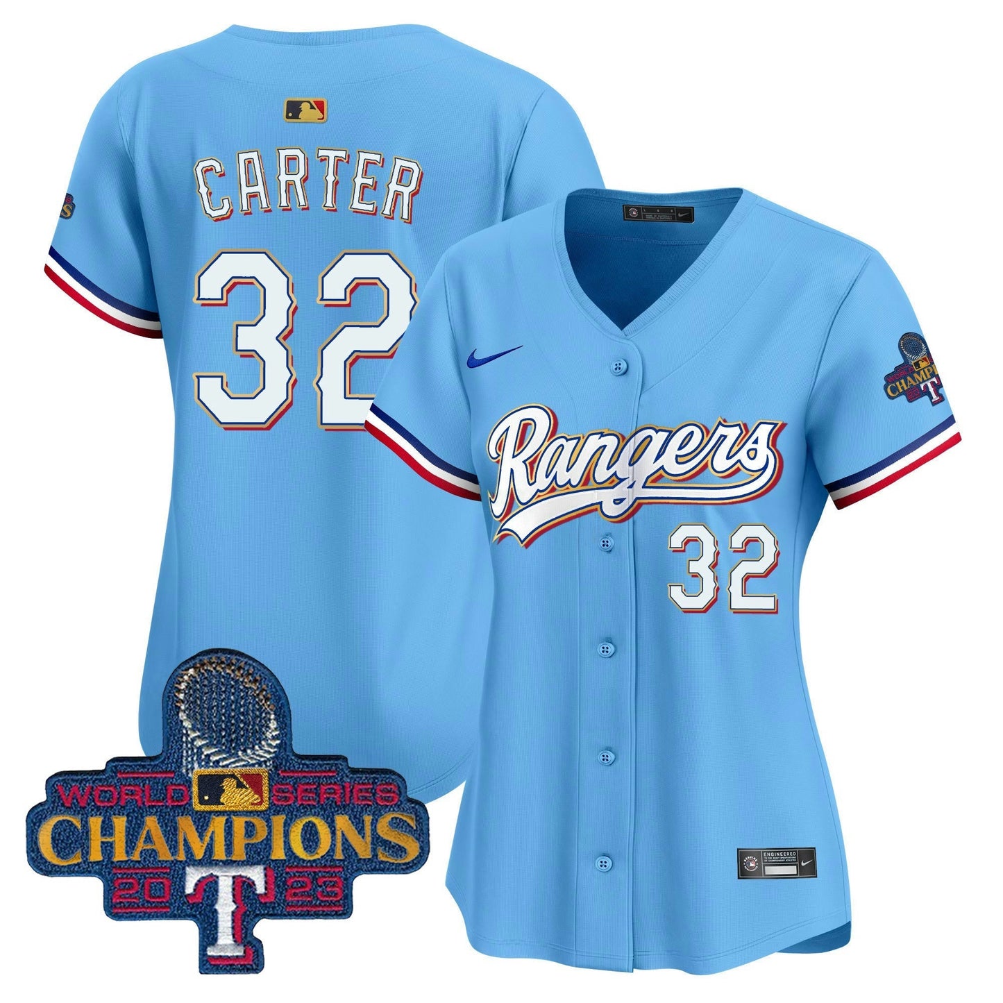 Camisa MLB Women’s Texas 2023 World Series Champions Dourada Trim Vapor Premier Limited Jersey