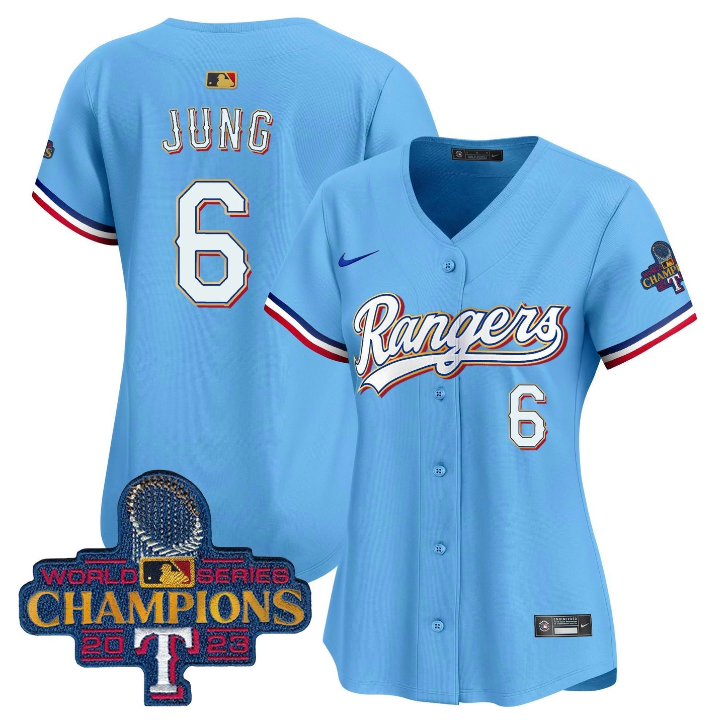 Camisa MLB Women’s Texas 2023 World Series Champions Dourada Trim Vapor Premier Limited Jersey