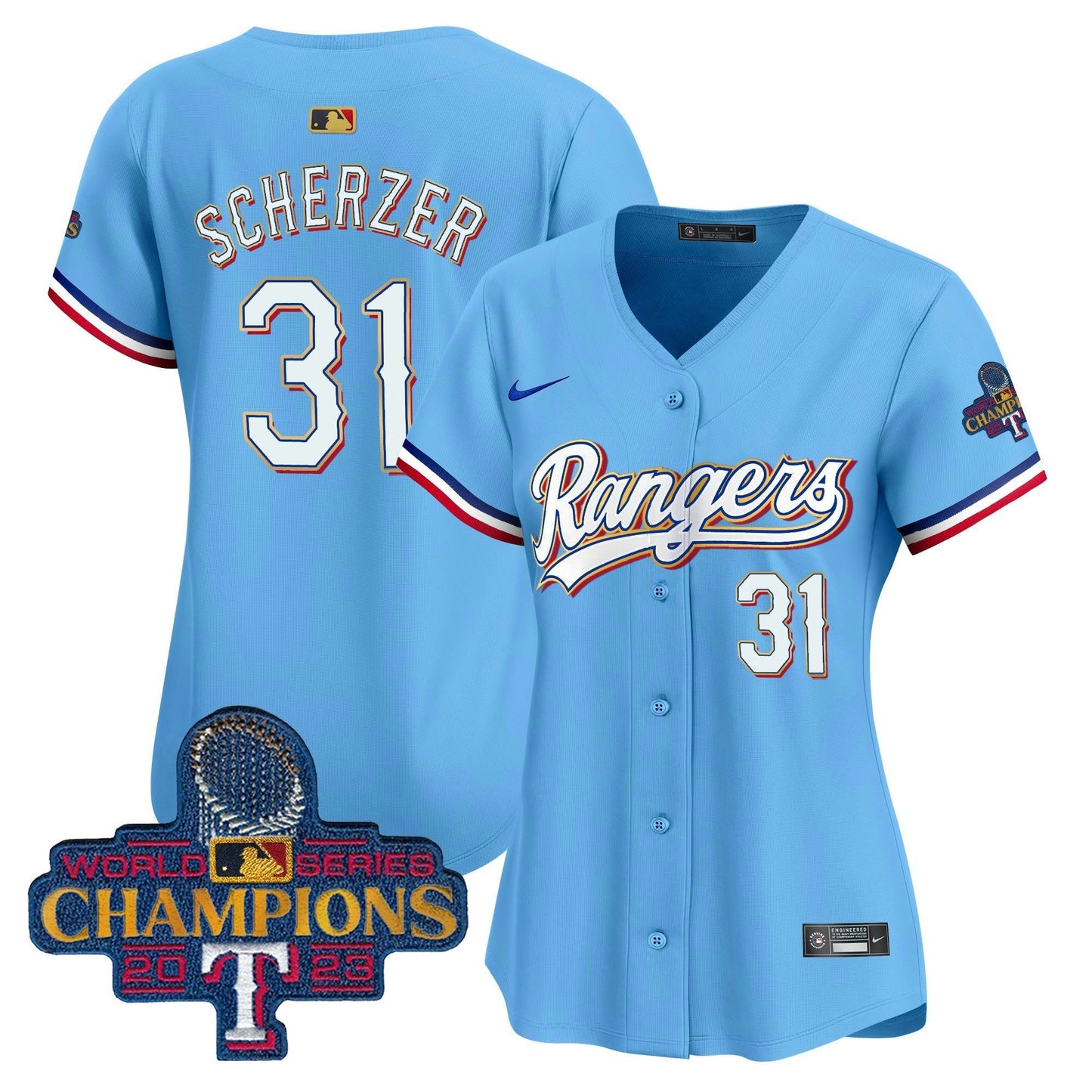 Camisa MLB Women’s Texas 2023 World Series Champions Dourada Trim Vapor Premier Limited Jersey