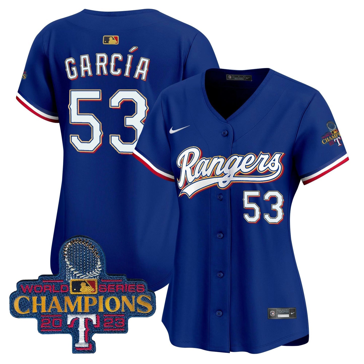 Camisa MLB Women’s Texas 2023 World Series Champions Dourada Trim Vapor Premier Limited Jersey