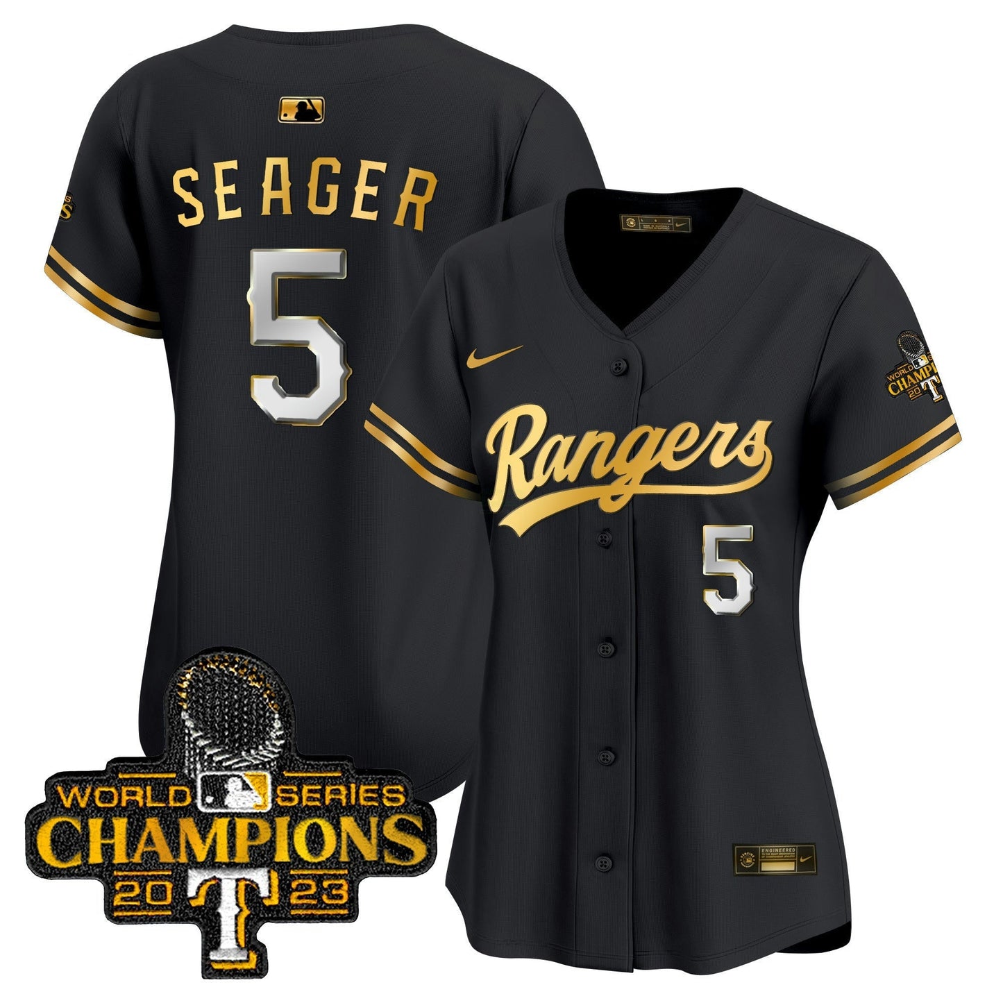 Camisa MLB Women’s Texas 2023 World Series Champions Dourada Trim Vapor Premier Limited Jersey