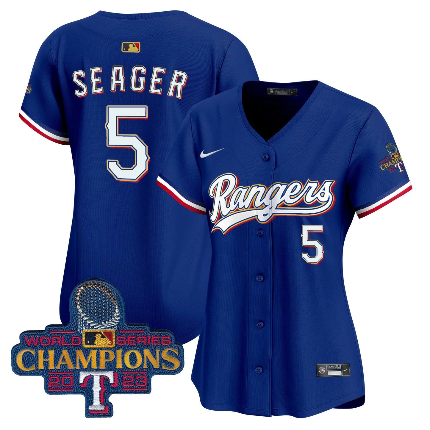 Camisa MLB Women’s Texas 2023 World Series Champions Dourada Trim Vapor Premier Limited Jersey