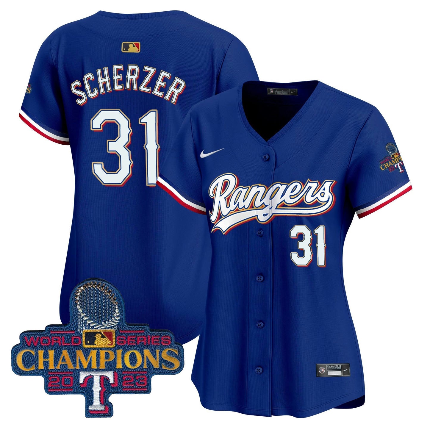 Camisa MLB Women’s Texas 2023 World Series Champions Dourada Trim Vapor Premier Limited Jersey