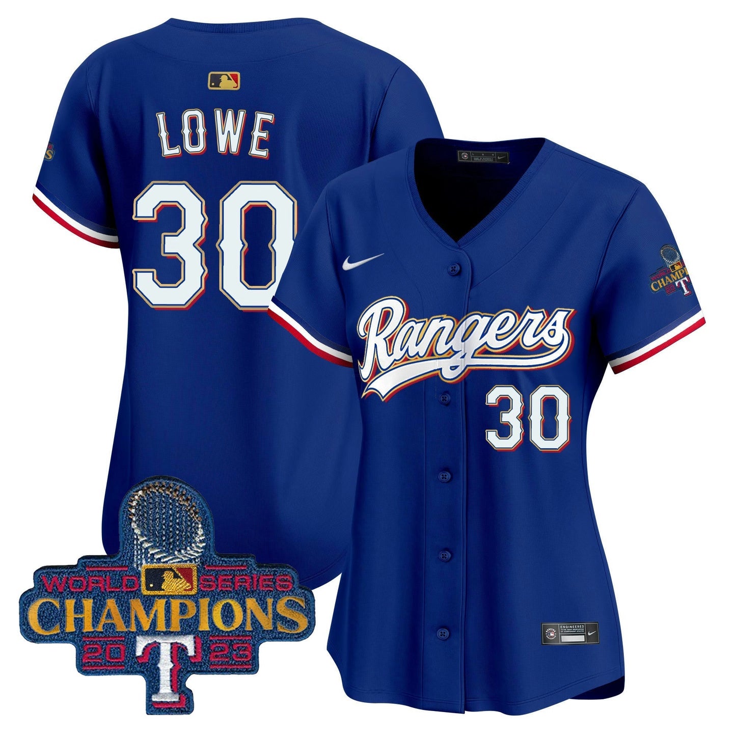 Camisa MLB Women’s Texas 2023 World Series Champions Dourada Trim Vapor Premier Limited Jersey