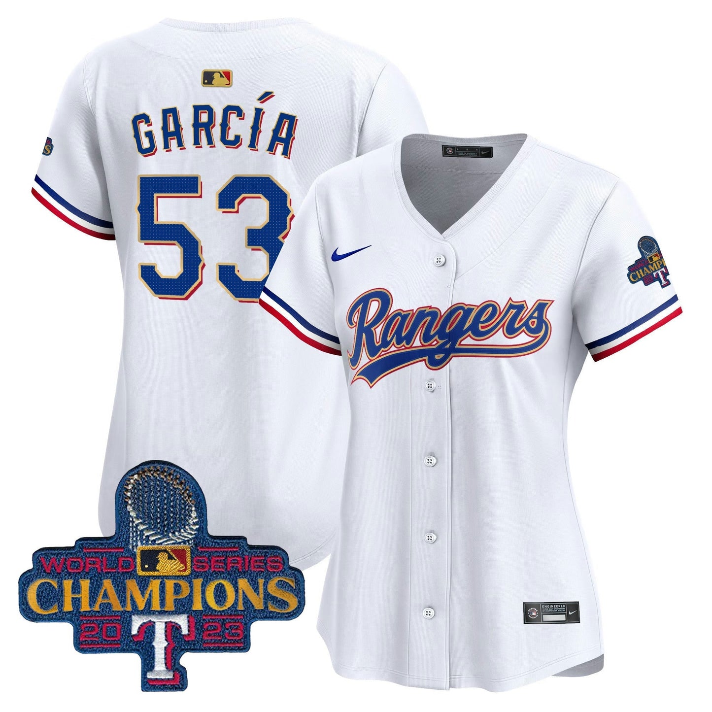 Camisa MLB Women’s Texas 2023 World Series Champions Dourada Trim Vapor Premier Limited Jersey