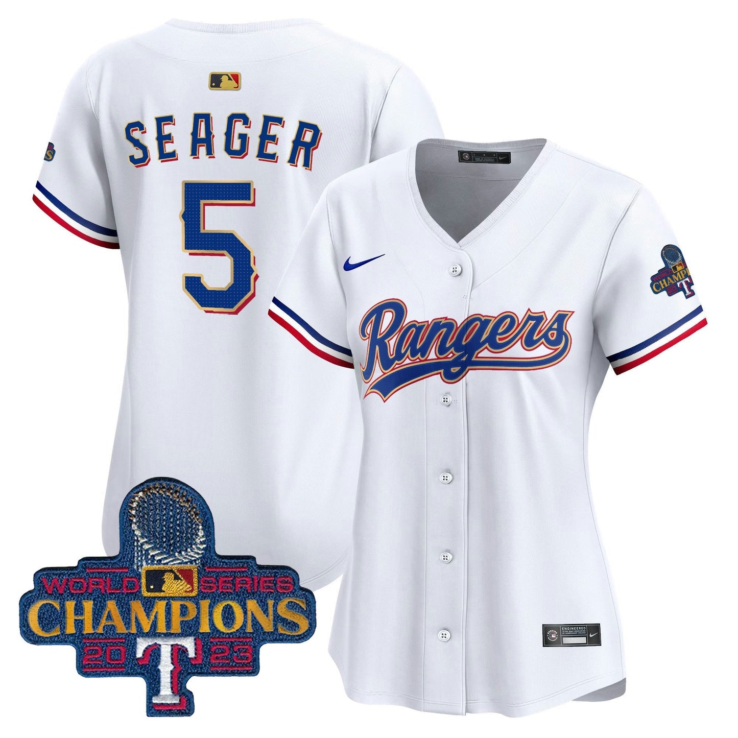 Camisa MLB Women’s Texas 2023 World Series Champions Dourada Trim Vapor Premier Limited Jersey