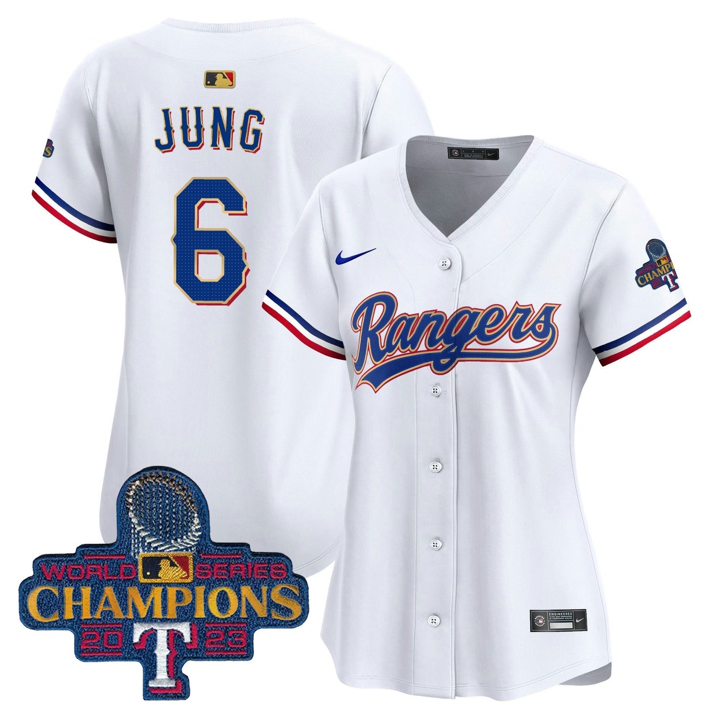 Camisa MLB Women’s Texas 2023 World Series Champions Dourada Trim Vapor Premier Limited Jersey