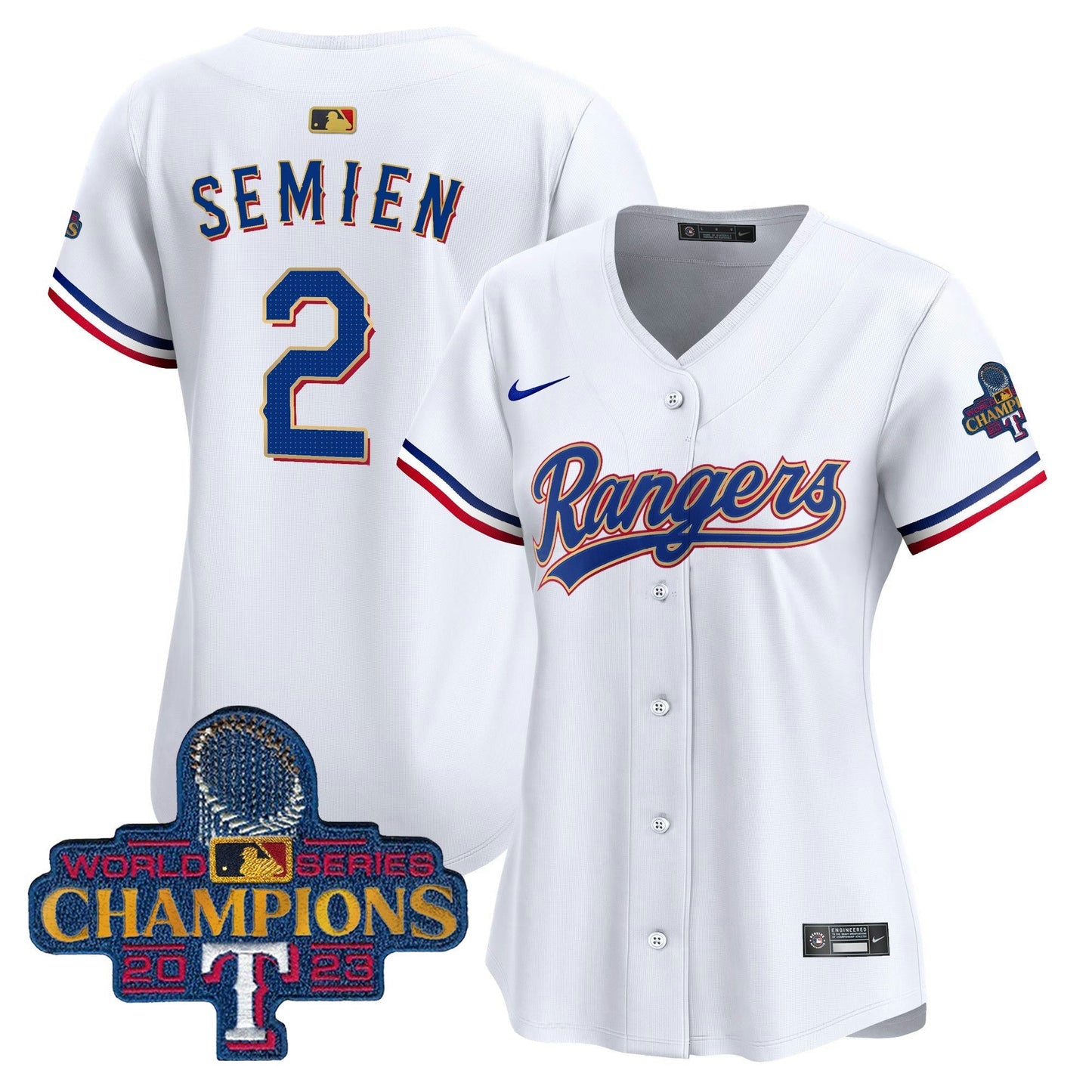 Camisa MLB Women’s Texas 2023 World Series Champions Dourada Trim Vapor Premier Limited Jersey